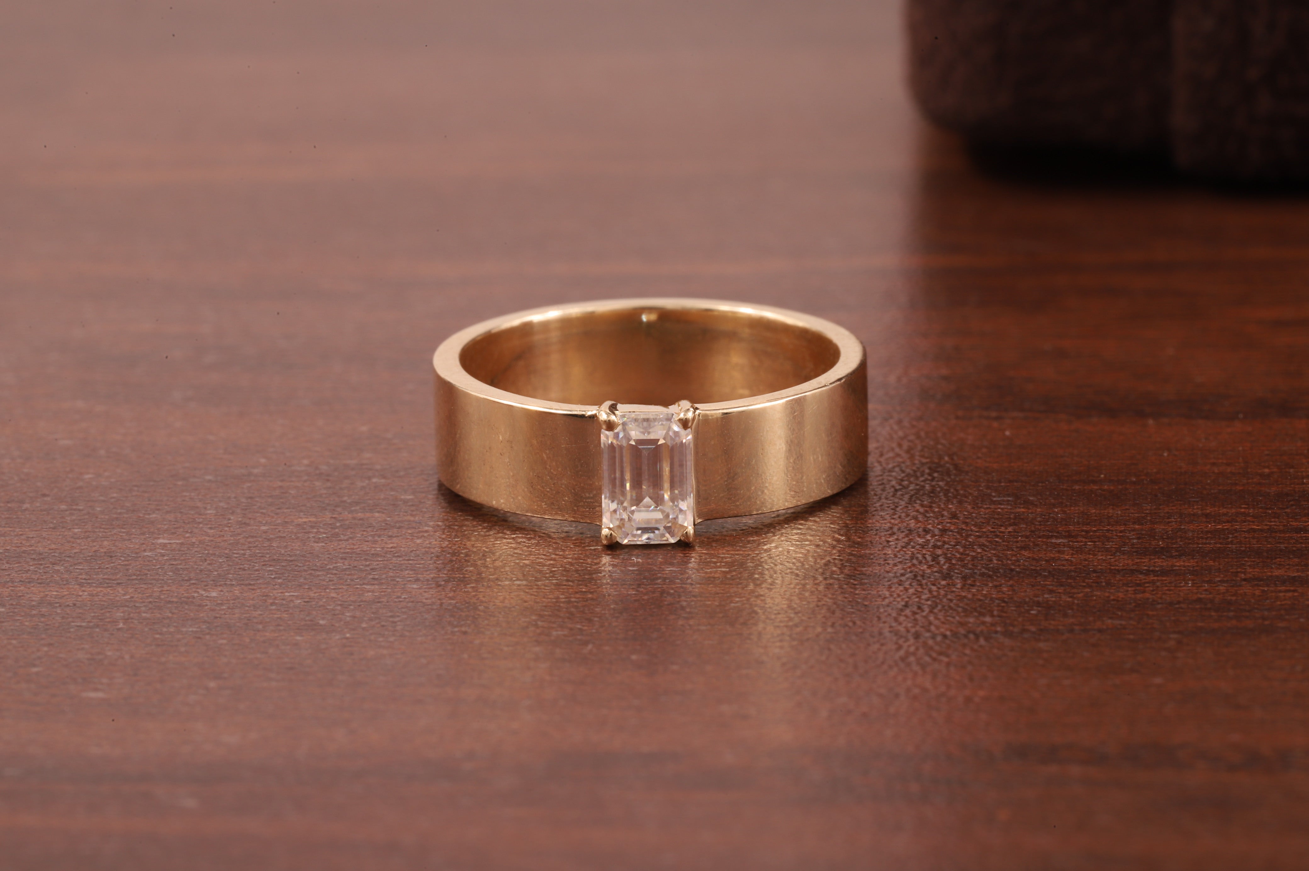Emerald Cut Moissanite Ring,Vintage Wedding Band For Women,14K Yellow Gold Cigar Band