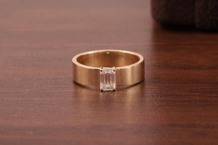 Emerald Cut Moissanite Ring,Vintage Wedding Band For Women,14K Yellow Gold Cigar Band