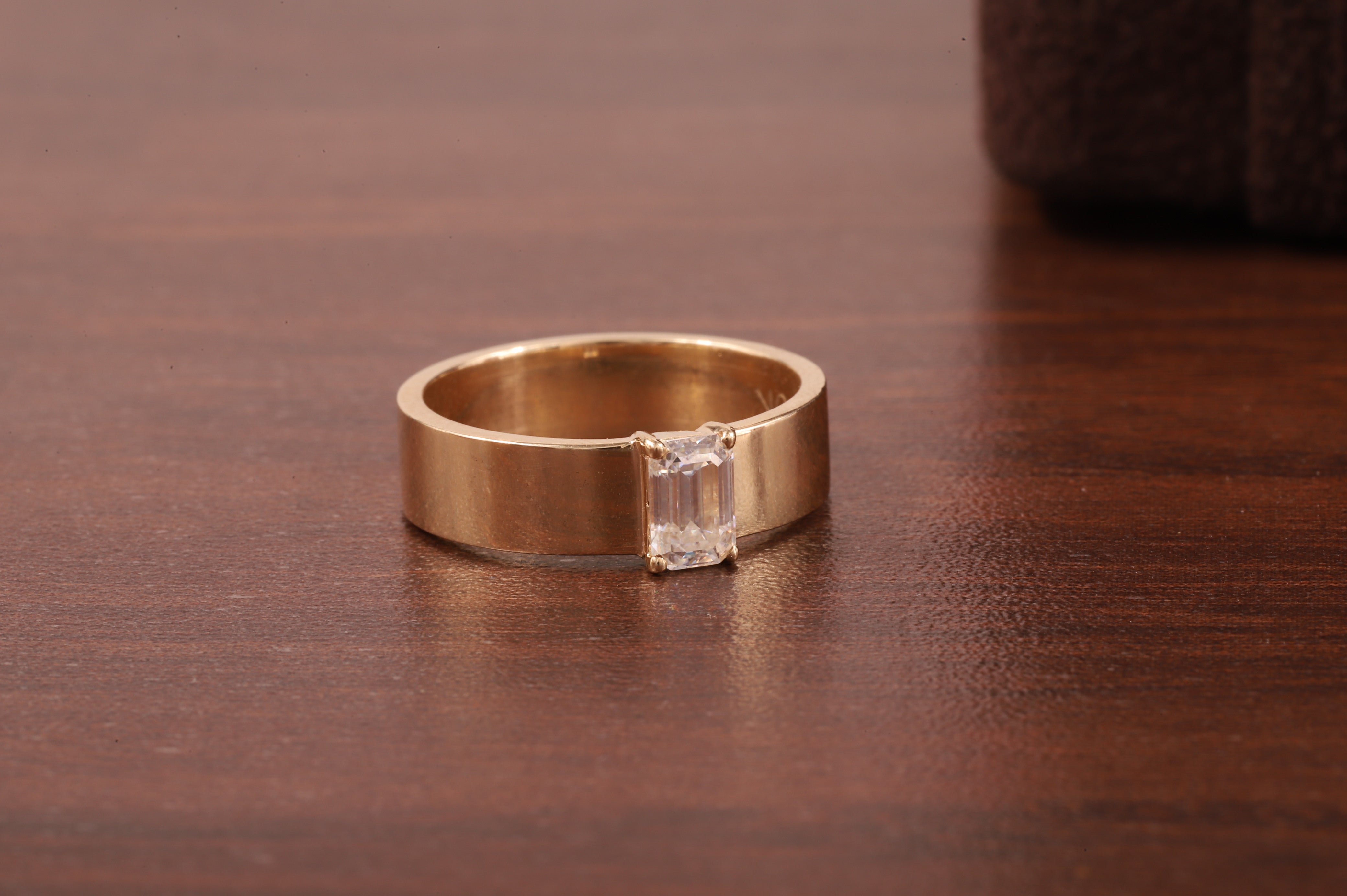 Emerald Cut Moissanite Ring,Vintage Wedding Band For Women,14K Yellow Gold Cigar Band
