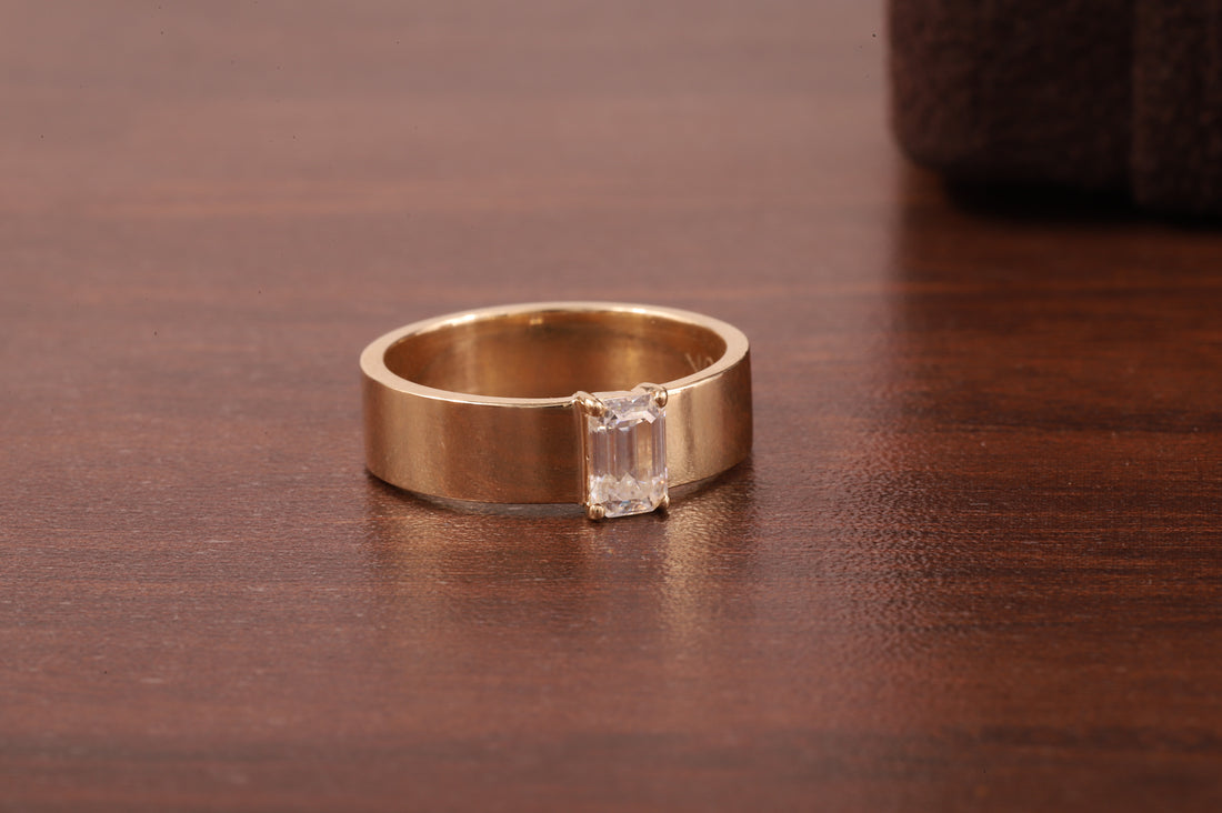 Emerald Cut Moissanite Ring,Vintage Wedding Band For Women,14K Yellow Gold Cigar Band