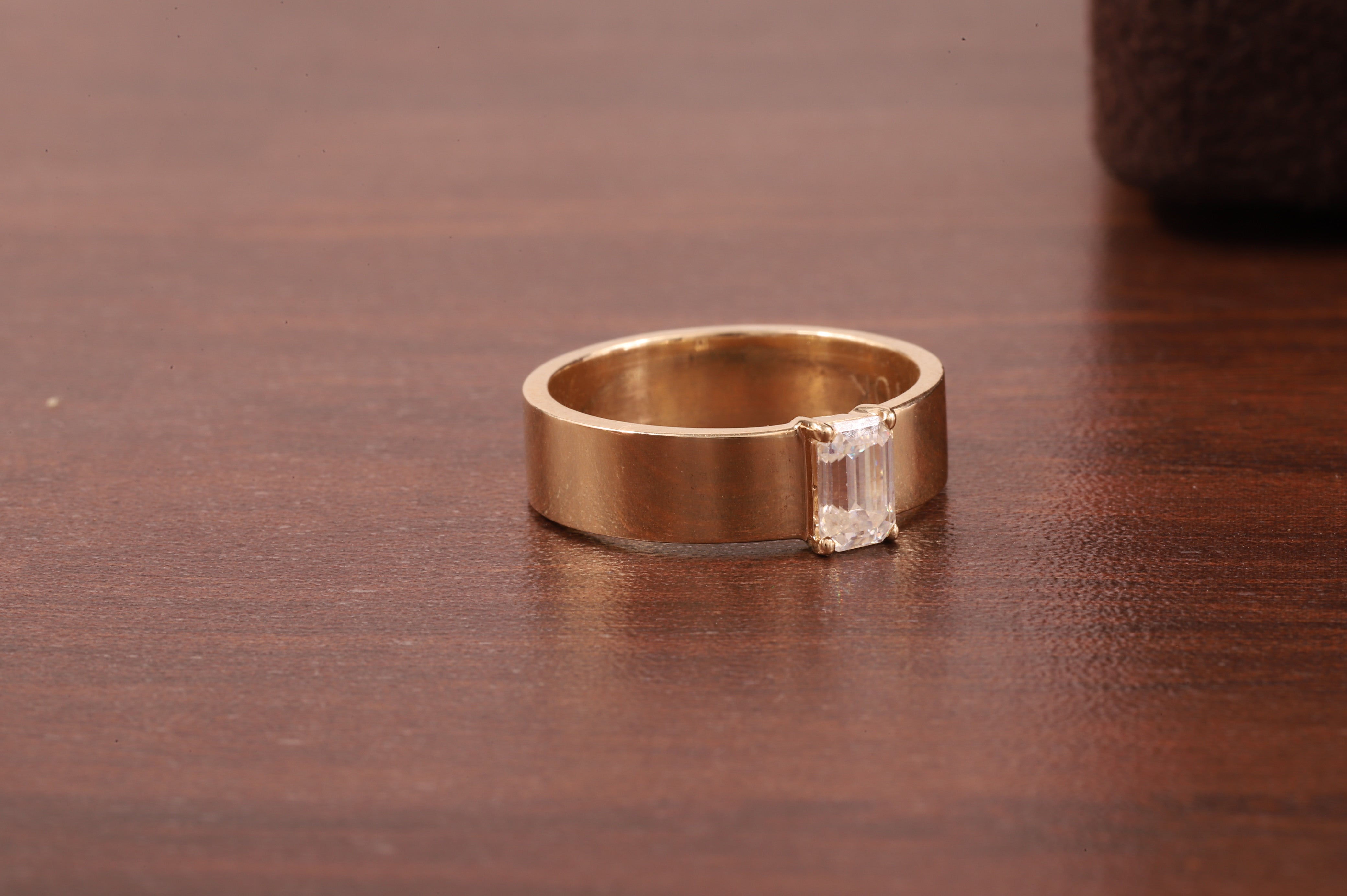 Emerald Cut Moissanite Ring,Vintage Wedding Band For Women,14K Yellow Gold Cigar Band