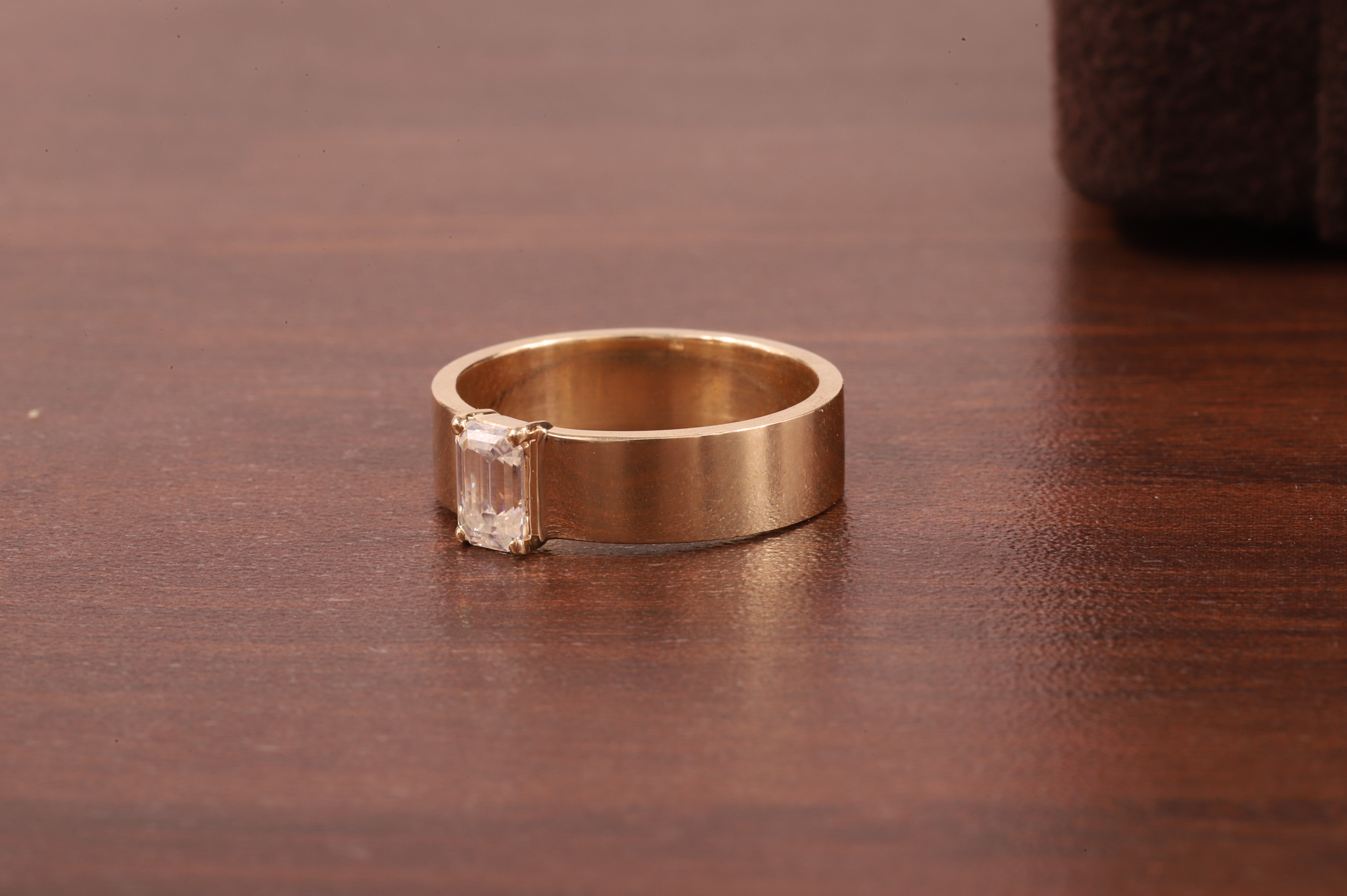 Emerald Cut Moissanite Ring,Vintage Wedding Band For Women,14K Yellow Gold Cigar Band