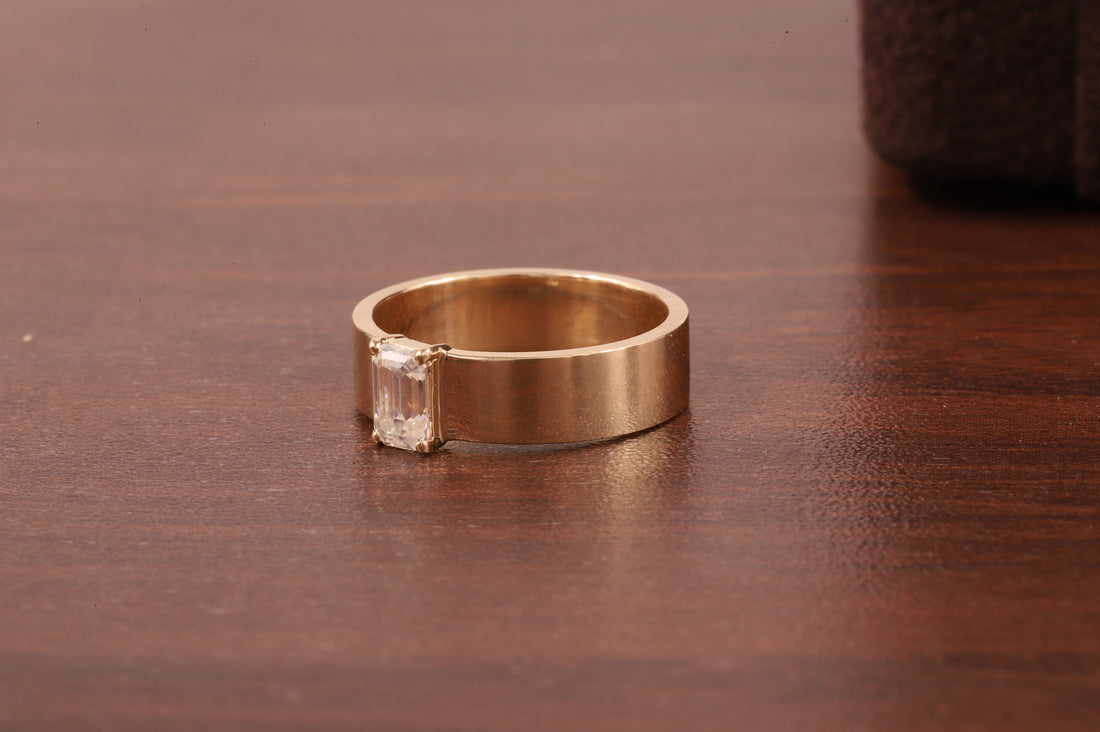 Emerald Cut Moissanite Ring,Vintage Wedding Band For Women,14K Yellow Gold Cigar Band