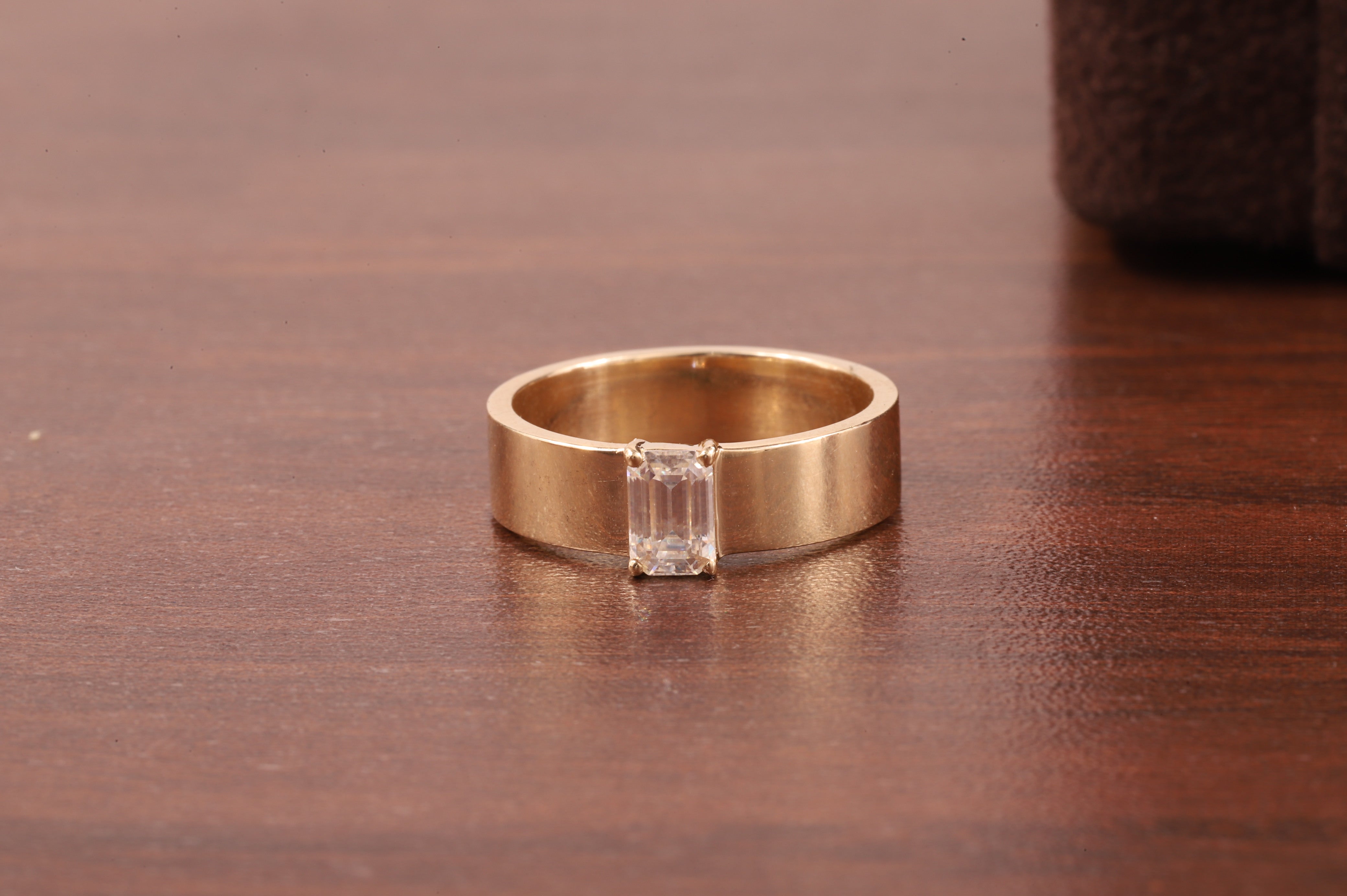 Emerald Cut Moissanite Ring,Vintage Wedding Band For Women,14K Yellow Gold Cigar Band