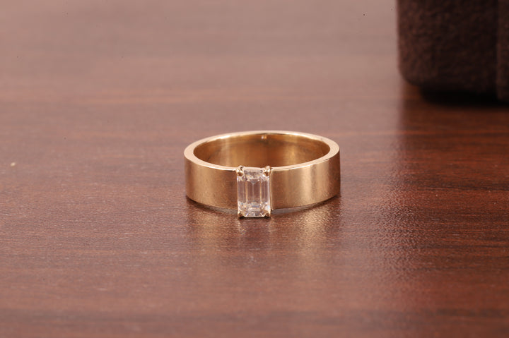 Emerald Cut Moissanite Ring,Vintage Wedding Band For Women,14K Yellow Gold Cigar Band