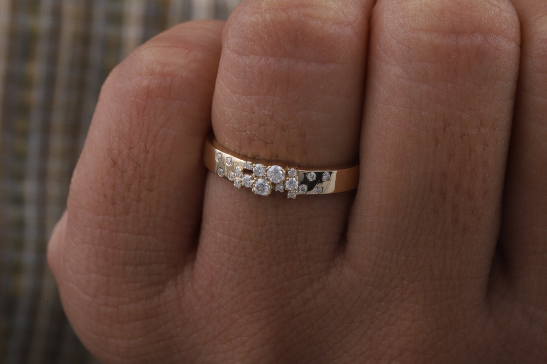 Cluster Wedding Band Ring, 14k Solid Gold Thick Moissanite Ring
