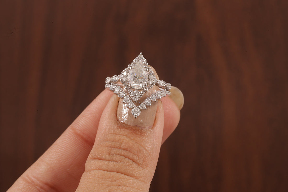 Vintage Moissanite Engagement Ring Set White Gold Pear Shaped Cluster