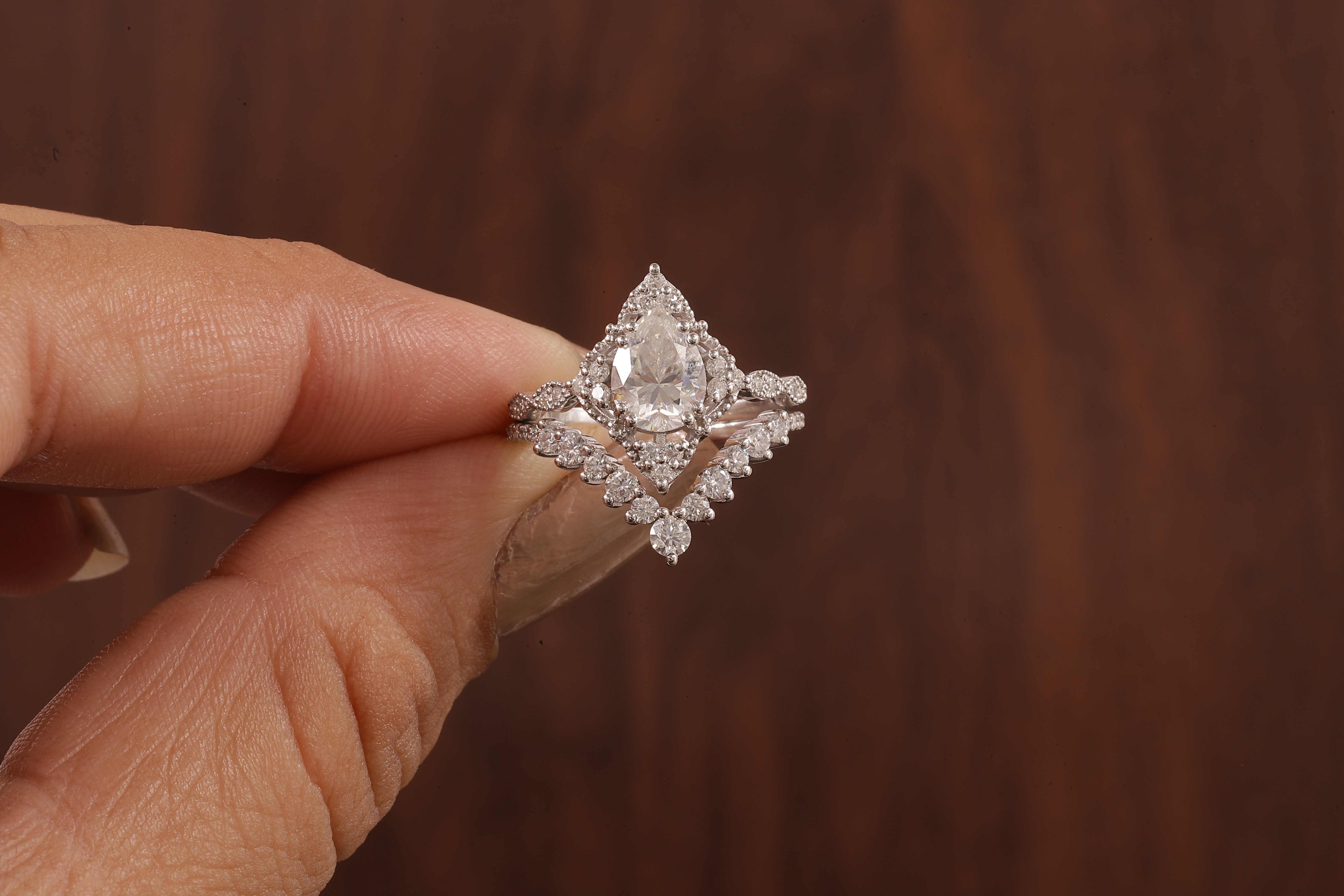 Vintage Moissanite Engagement Ring Set White Gold Pear Shaped Cluster