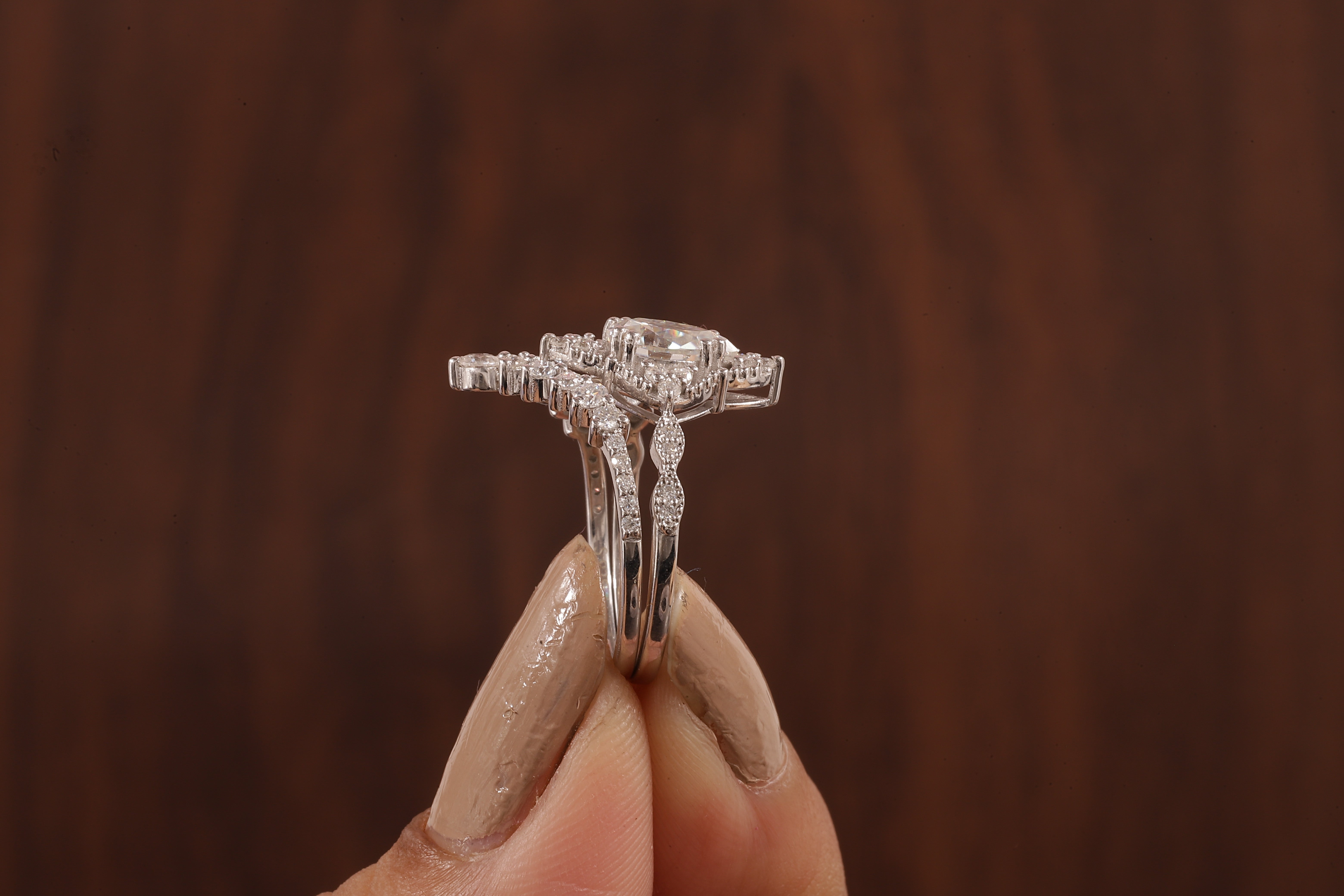 Vintage Moissanite Engagement Ring Set White Gold Pear Shaped Cluster