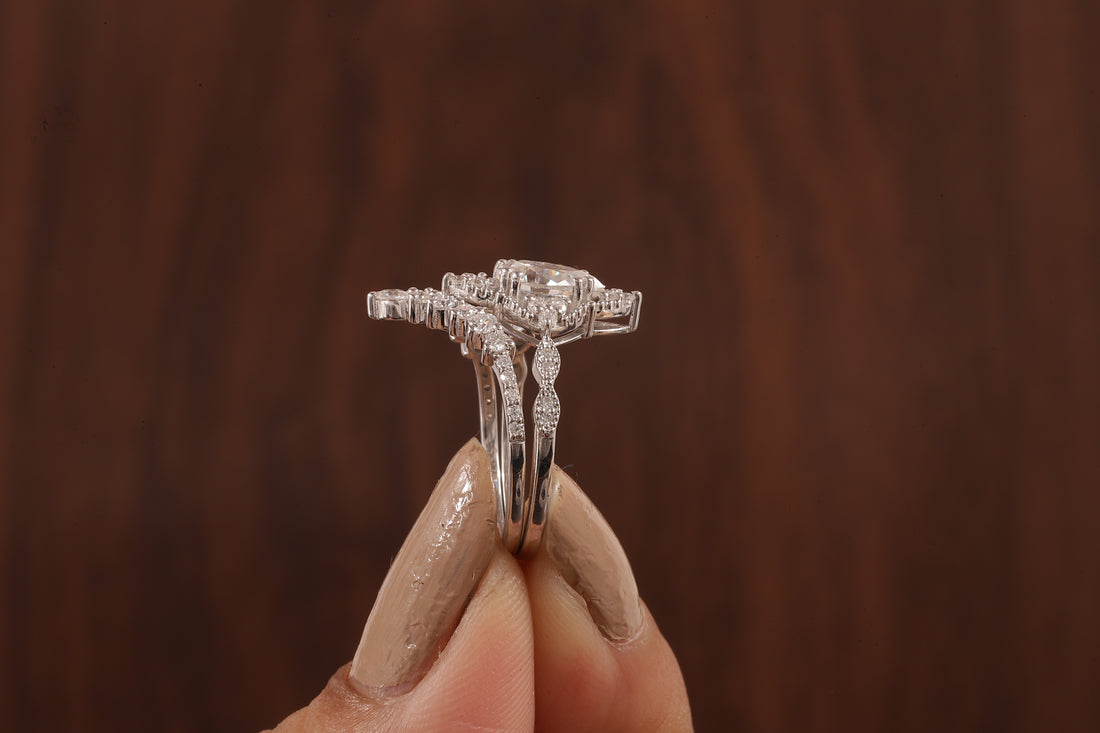 Vintage Moissanite Engagement Ring Set White Gold Pear Shaped Cluster