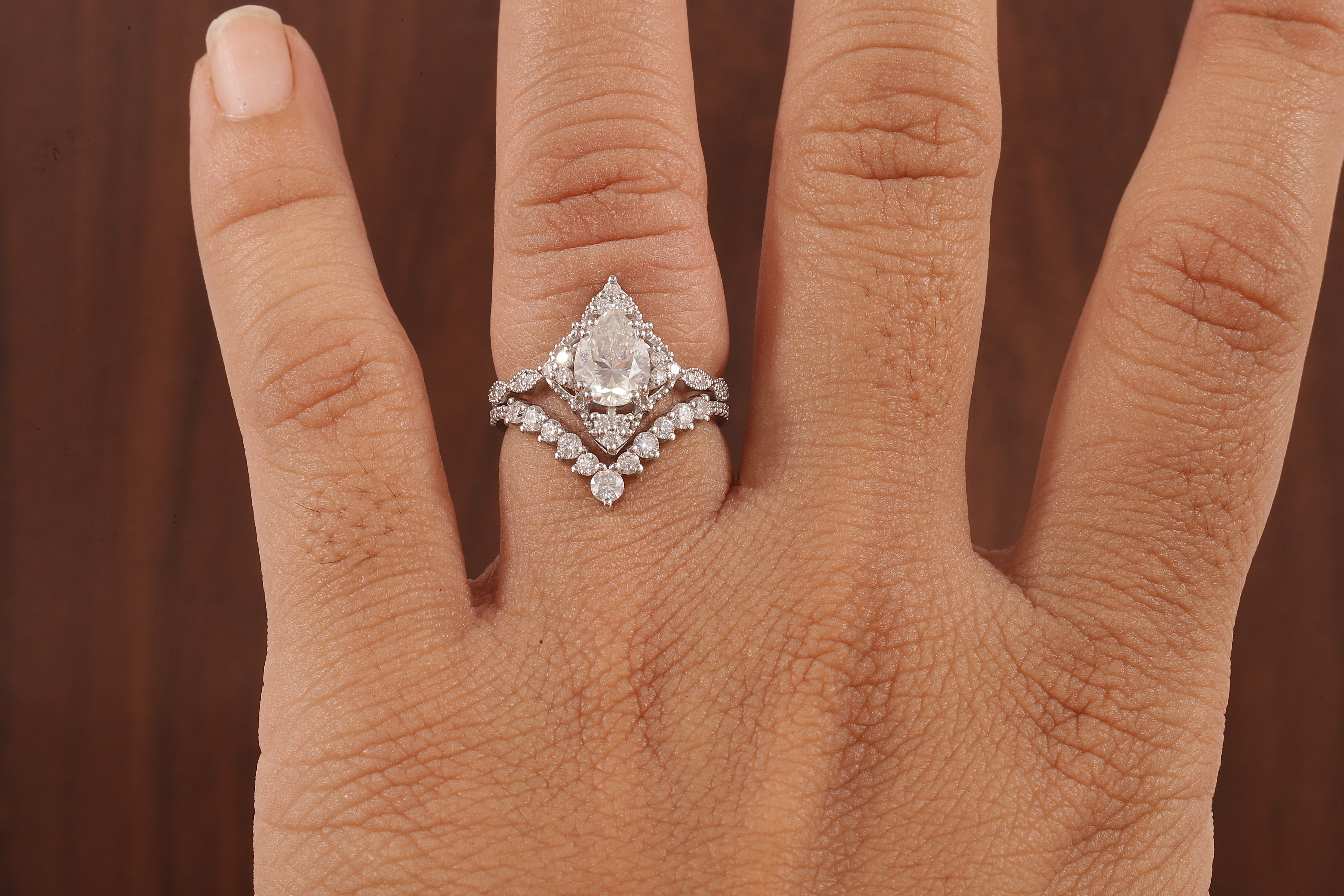 Vintage Moissanite Engagement Ring Set White Gold Pear Shaped Cluster