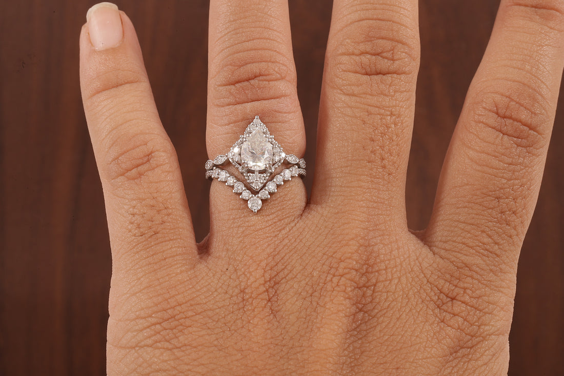 Vintage Moissanite Engagement Ring Set White Gold Pear Shaped Cluster