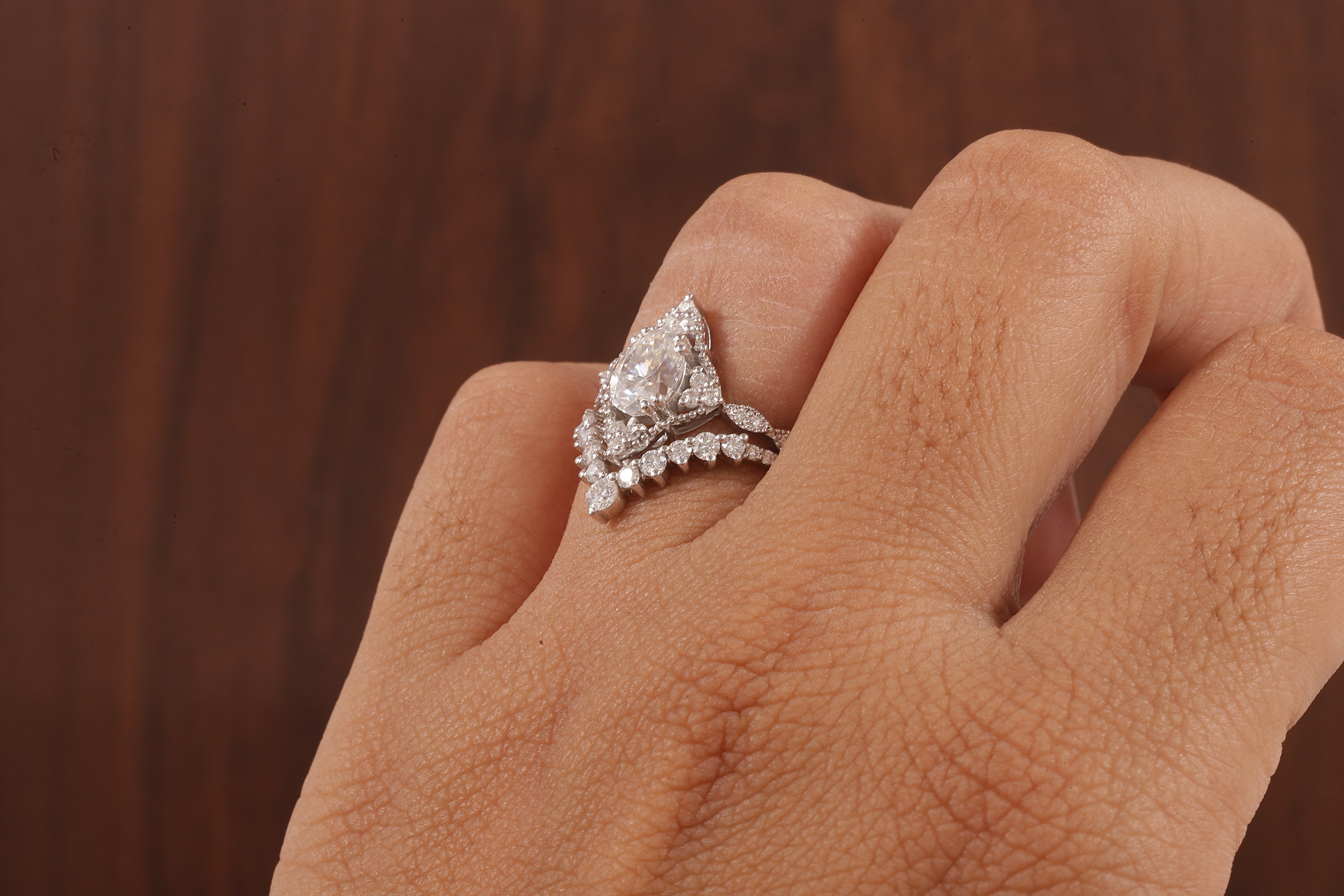 Vintage Moissanite Engagement Ring Set White Gold Pear Shaped Cluster