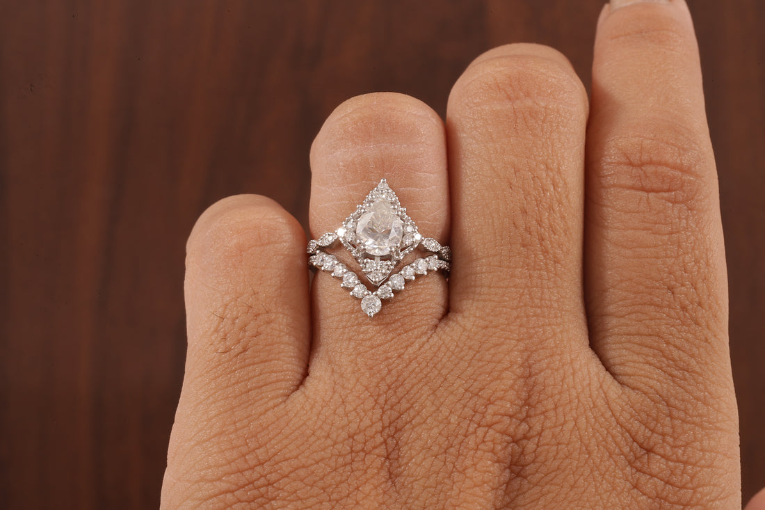 Vintage Moissanite Engagement Ring Set White Gold Pear Shaped Cluster