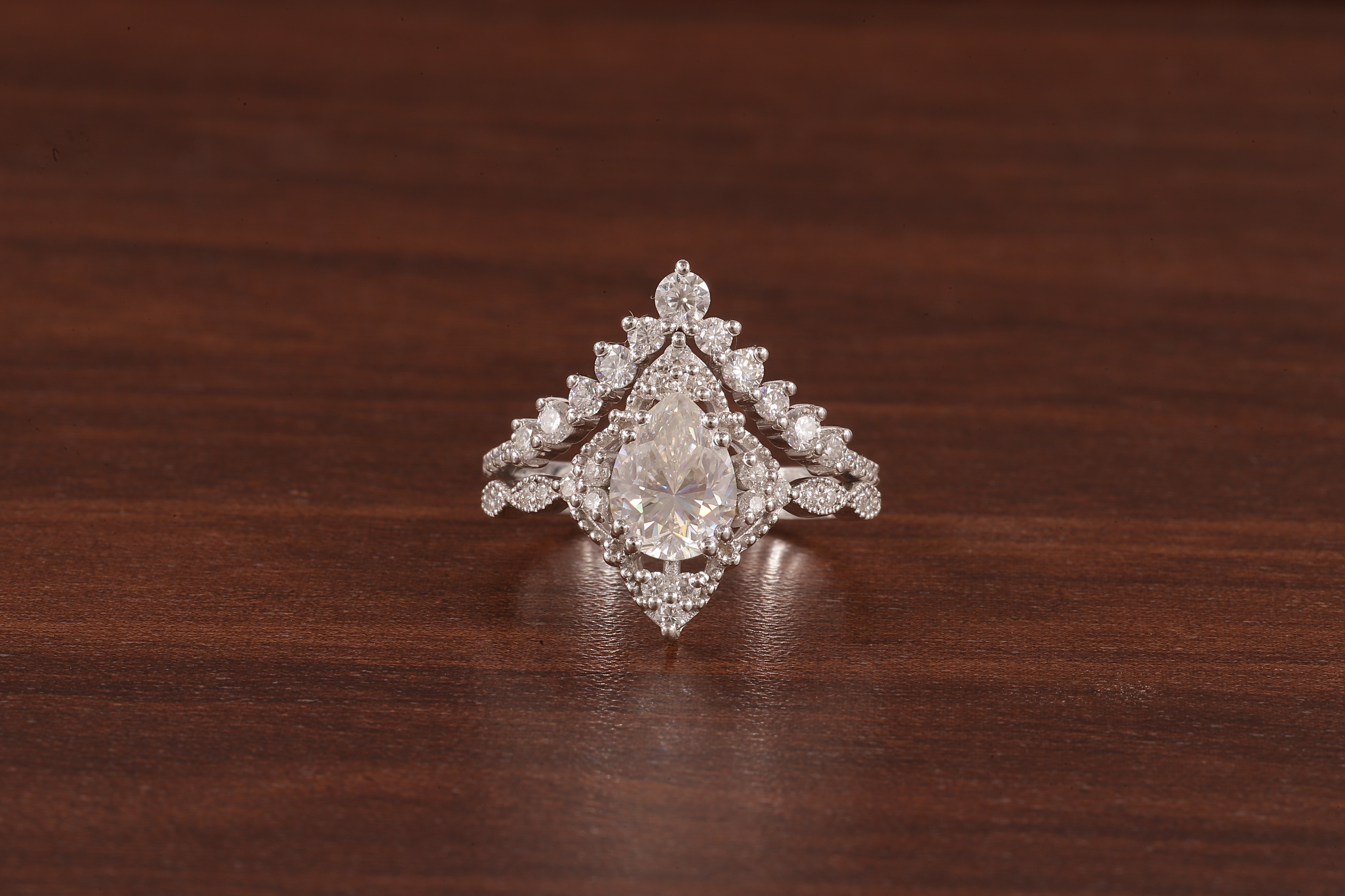 Vintage Moissanite Engagement Ring Set White Gold Pear Shaped Cluster