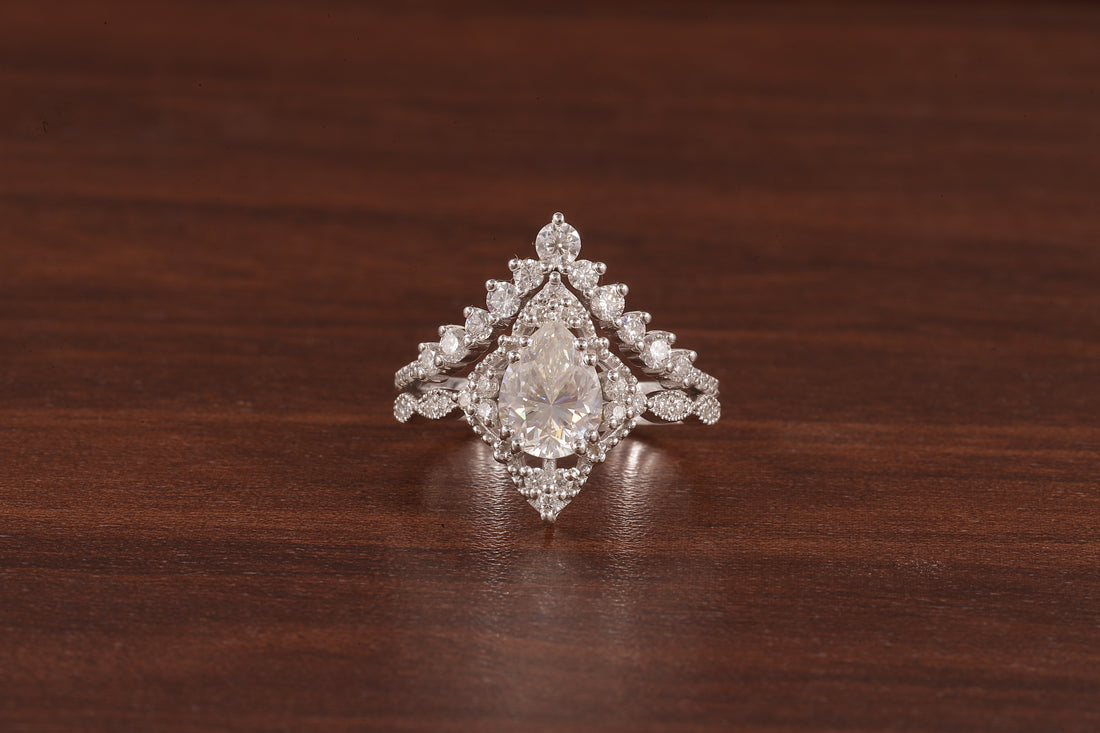 Vintage Moissanite Engagement Ring Set White Gold Pear Shaped Cluster