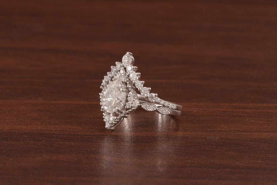 Vintage Moissanite Engagement Ring Set White Gold Pear Shaped Cluster