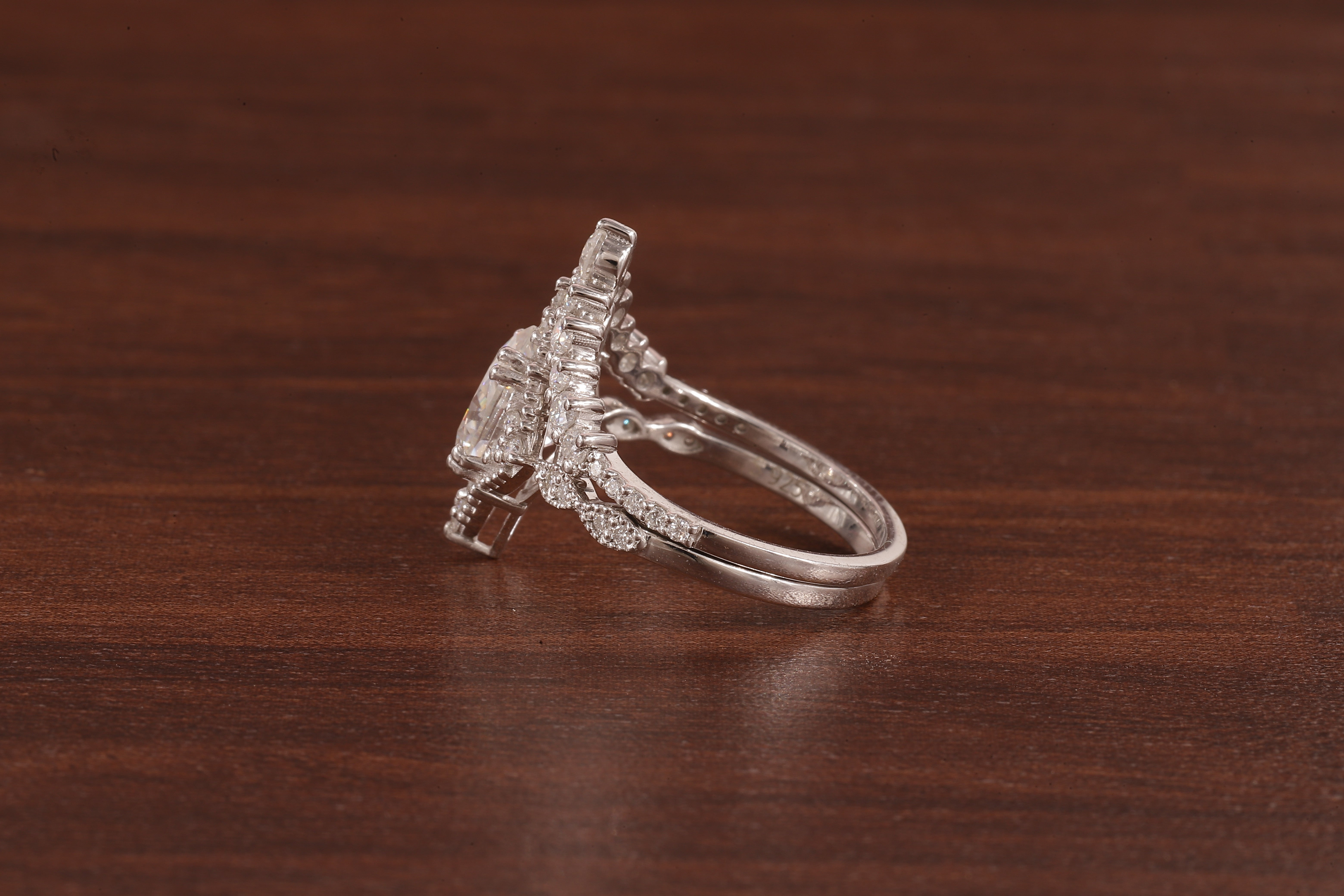 Vintage Moissanite Engagement Ring Set White Gold Pear Shaped Cluster