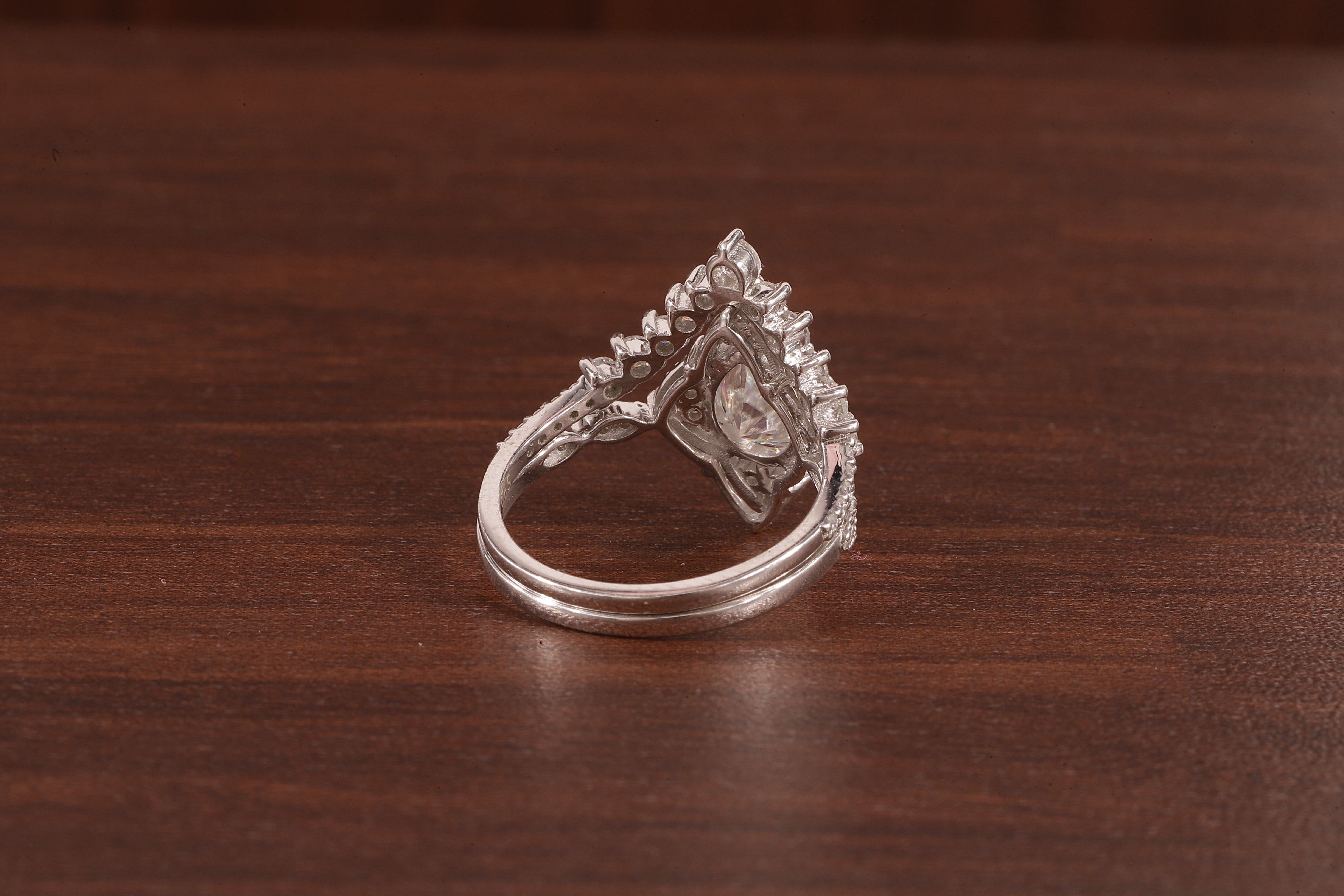 Vintage Moissanite Engagement Ring Set White Gold Pear Shaped Cluster