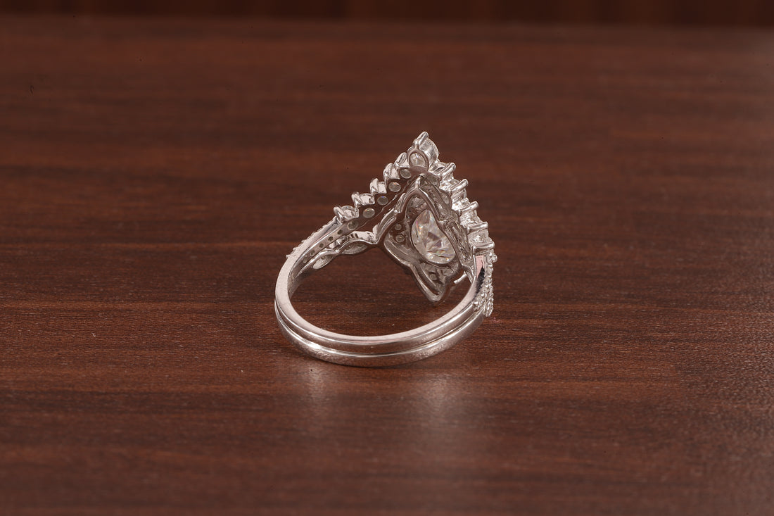 Vintage Moissanite Engagement Ring Set White Gold Pear Shaped Cluster