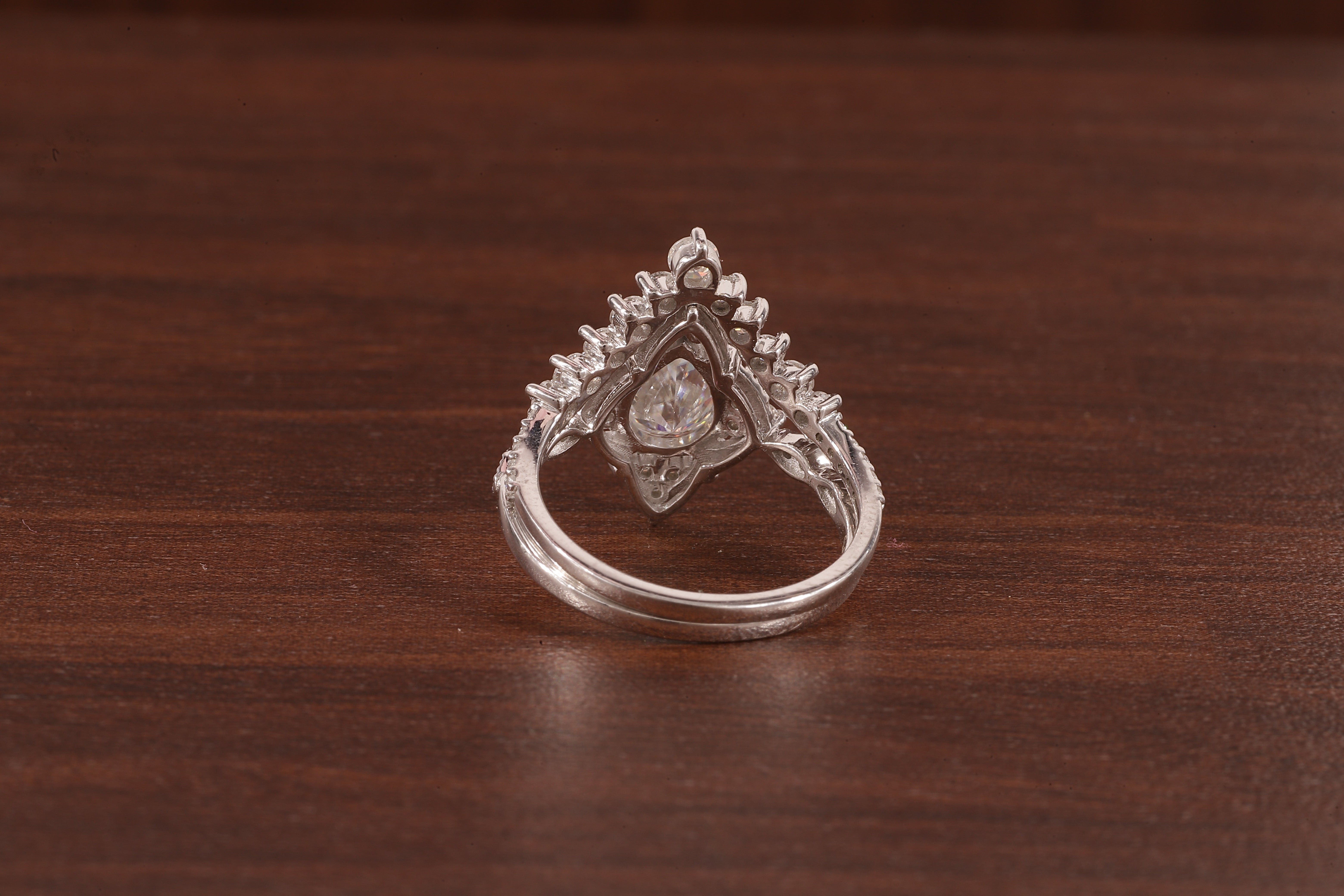 Vintage Moissanite Engagement Ring Set White Gold Pear Shaped Cluster