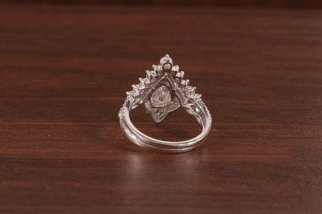 Vintage Moissanite Engagement Ring Set White Gold Pear Shaped Cluster