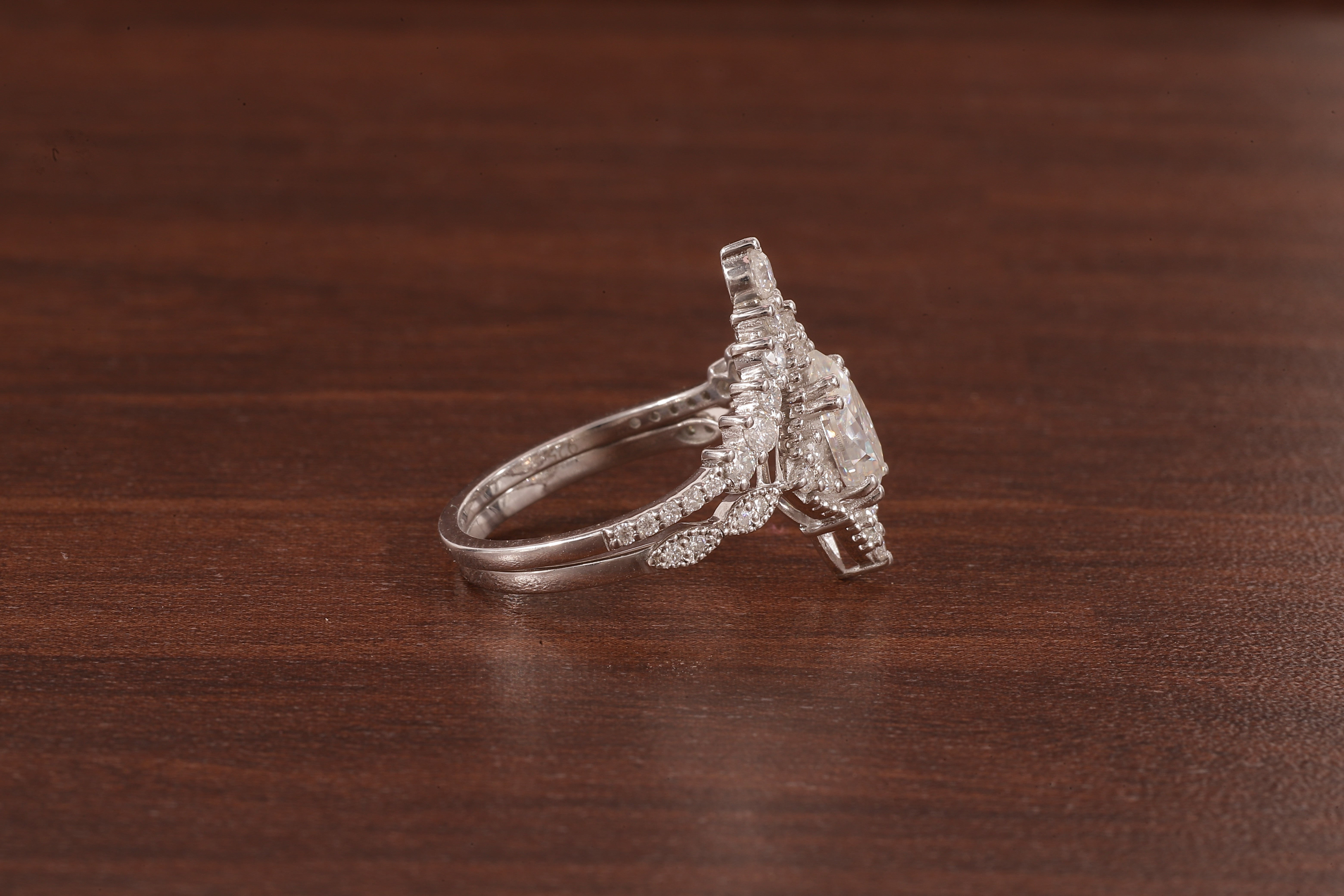 Vintage Moissanite Engagement Ring Set White Gold Pear Shaped Cluster