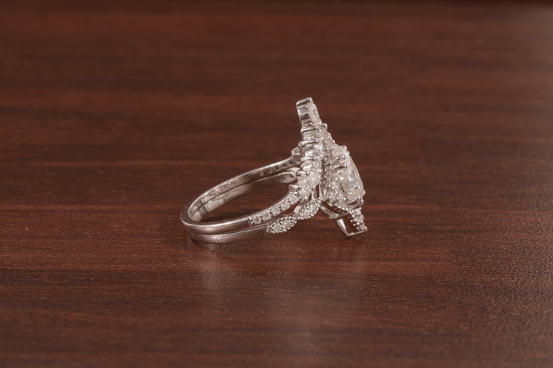 Vintage Moissanite Engagement Ring Set White Gold Pear Shaped Cluster