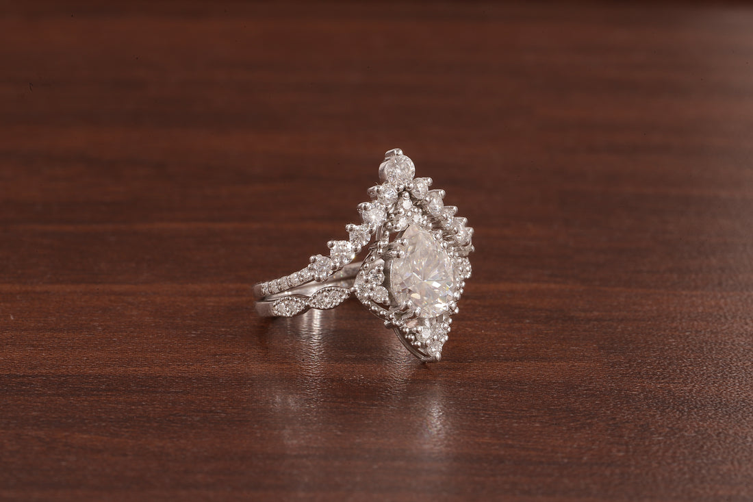 Vintage Moissanite Engagement Ring Set White Gold Pear Shaped Cluster