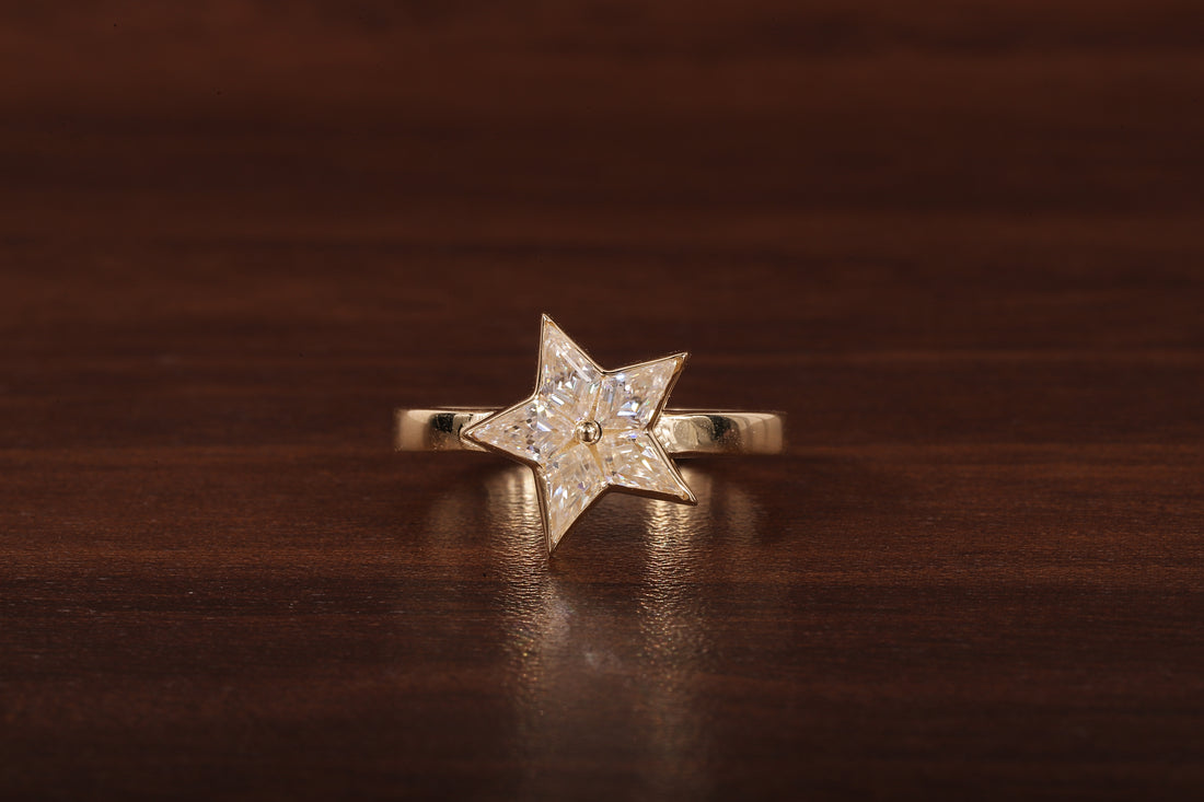 kite shaped moissanite bezel set engagement ring, unique kite moissanite wedding ring