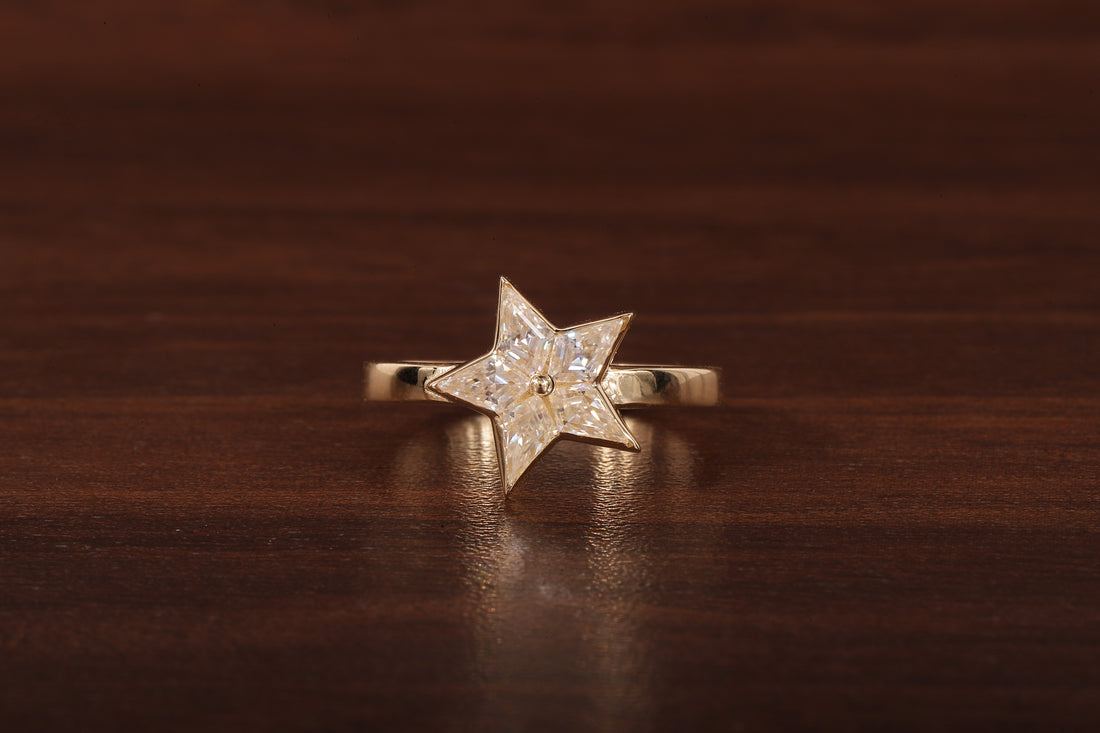 kite shaped moissanite bezel set engagement ring, unique kite moissanite wedding ring
