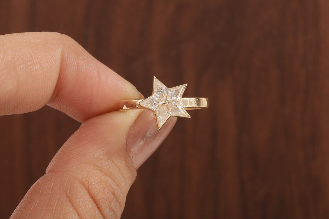 kite shaped moissanite bezel set engagement ring, unique kite moissanite wedding ring