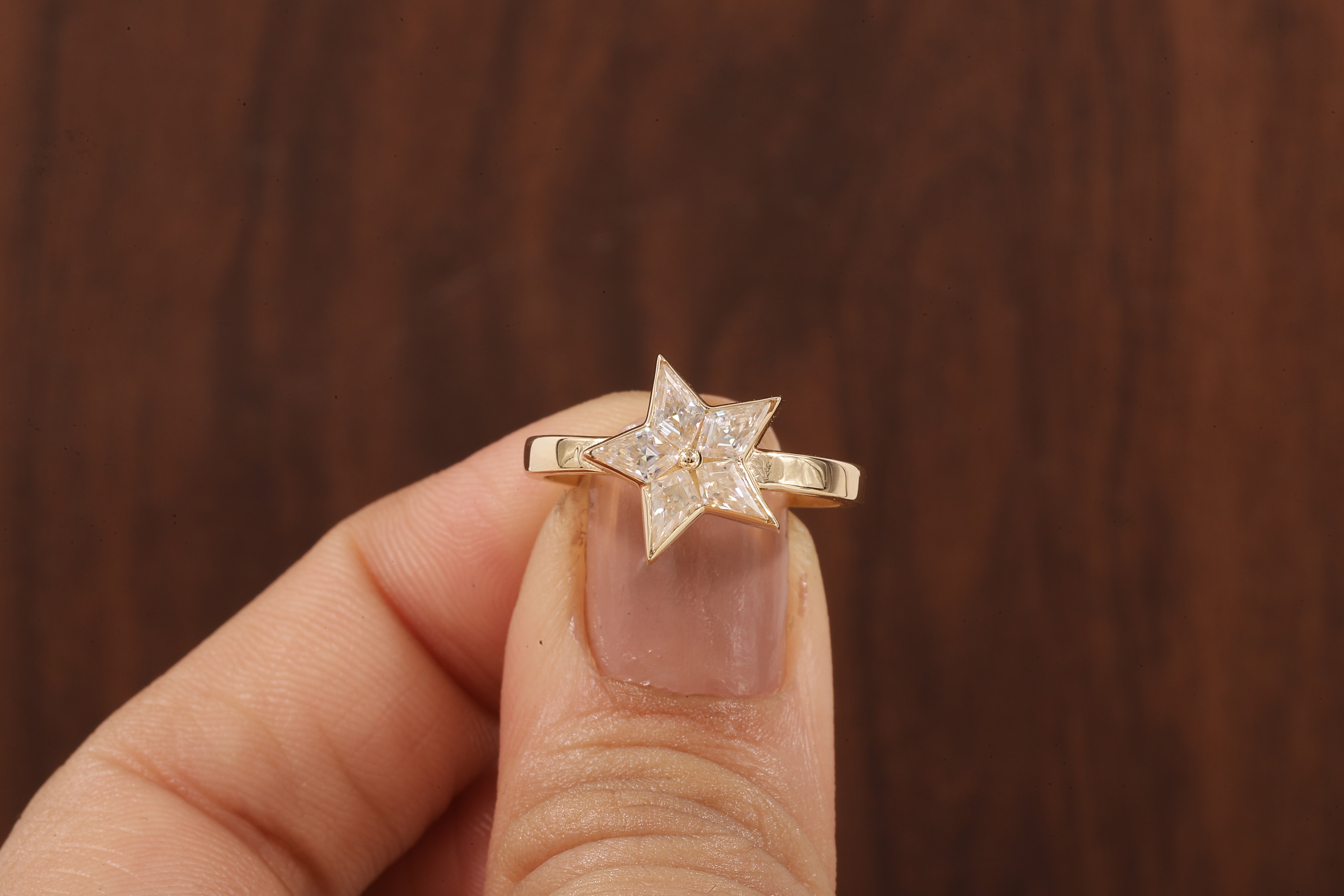 kite shaped moissanite bezel set engagement ring, unique kite moissanite wedding ring