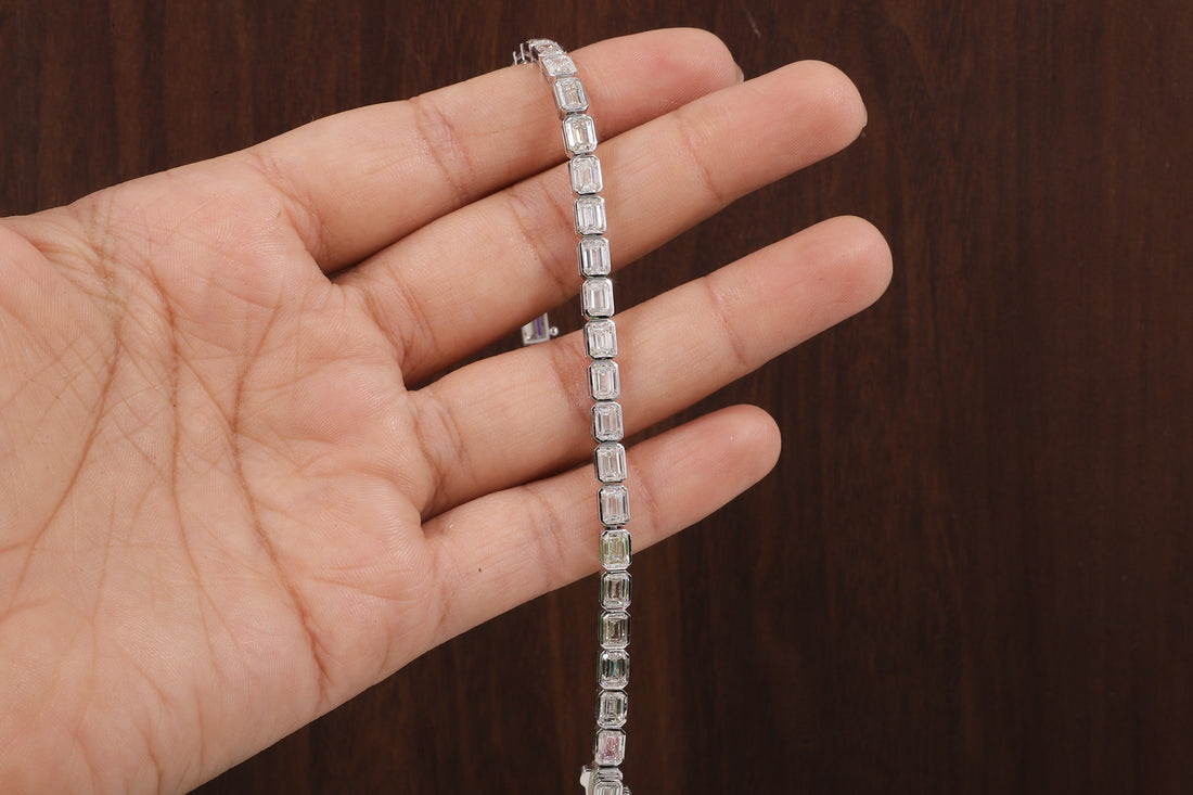 Emerald Diamond Bracelet, Emerald Lab Grown Diamond Bezel Set