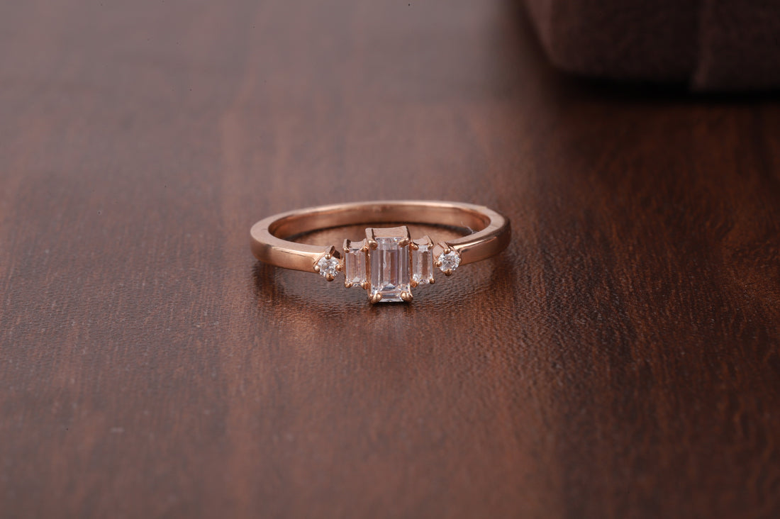 Five Stone Ring, Emerald Cut Moissanite baguette Ring