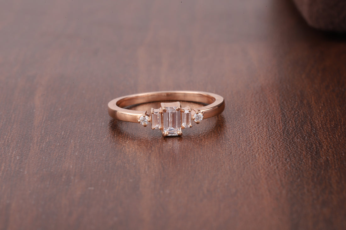Five Stone Ring, Emerald Cut Moissanite baguette Ring