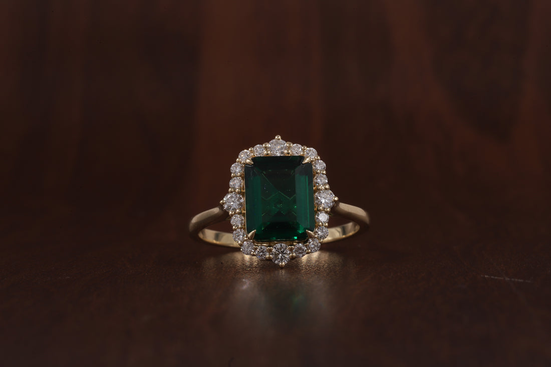 4 Carat Emerald Cut Green CZ Ring with Moissanite Halo