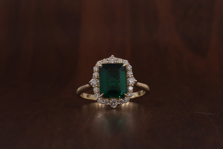4 Carat Emerald Cut Green CZ Ring with Moissanite Halo