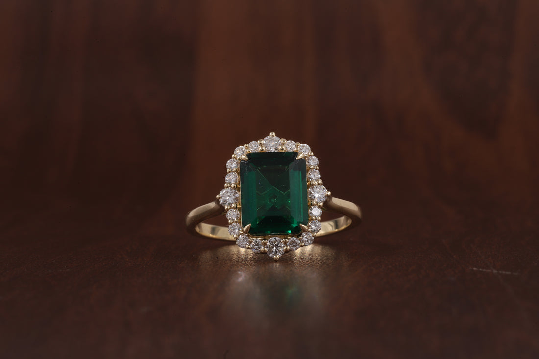 4 Carat Emerald Cut Green CZ Ring with Moissanite Halo