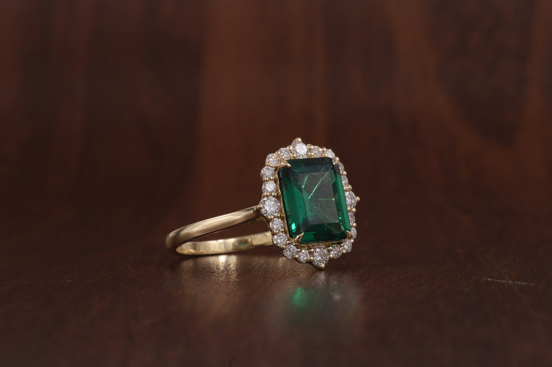 4 Carat Emerald Cut Green CZ Ring with Moissanite Halo