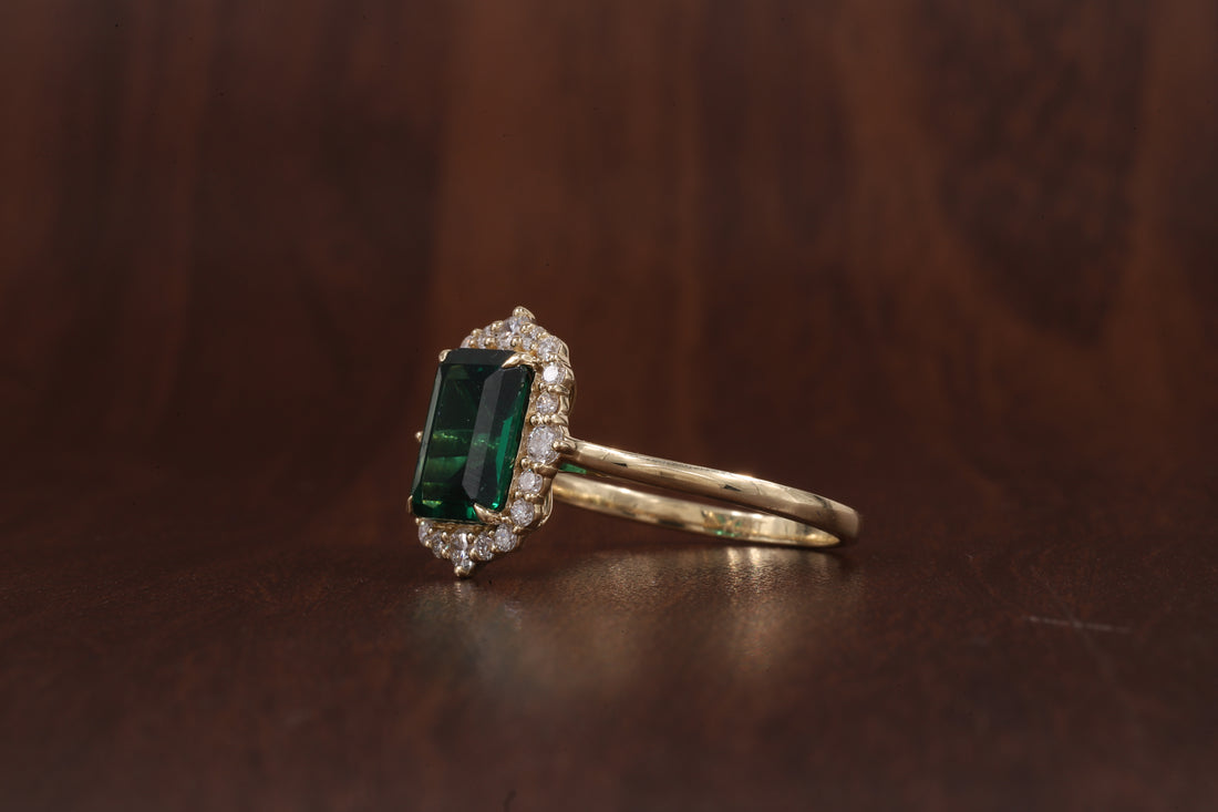 4 Carat Emerald Cut Green CZ Ring with Moissanite Halo