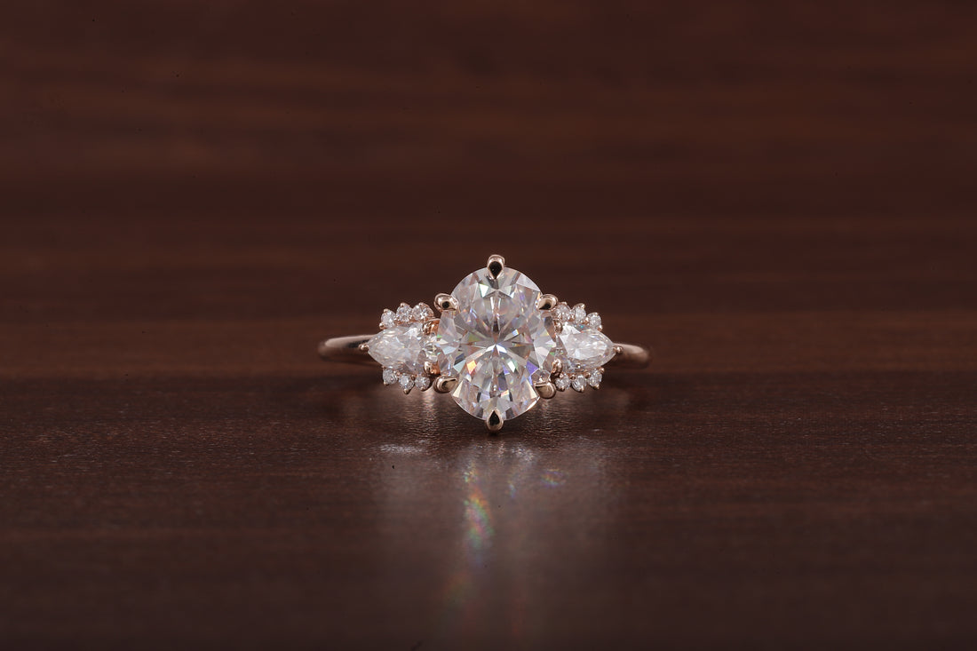 2ct Oval Cut Moissanite Engagement Ring, Oval Moissanite with side Pear Ring