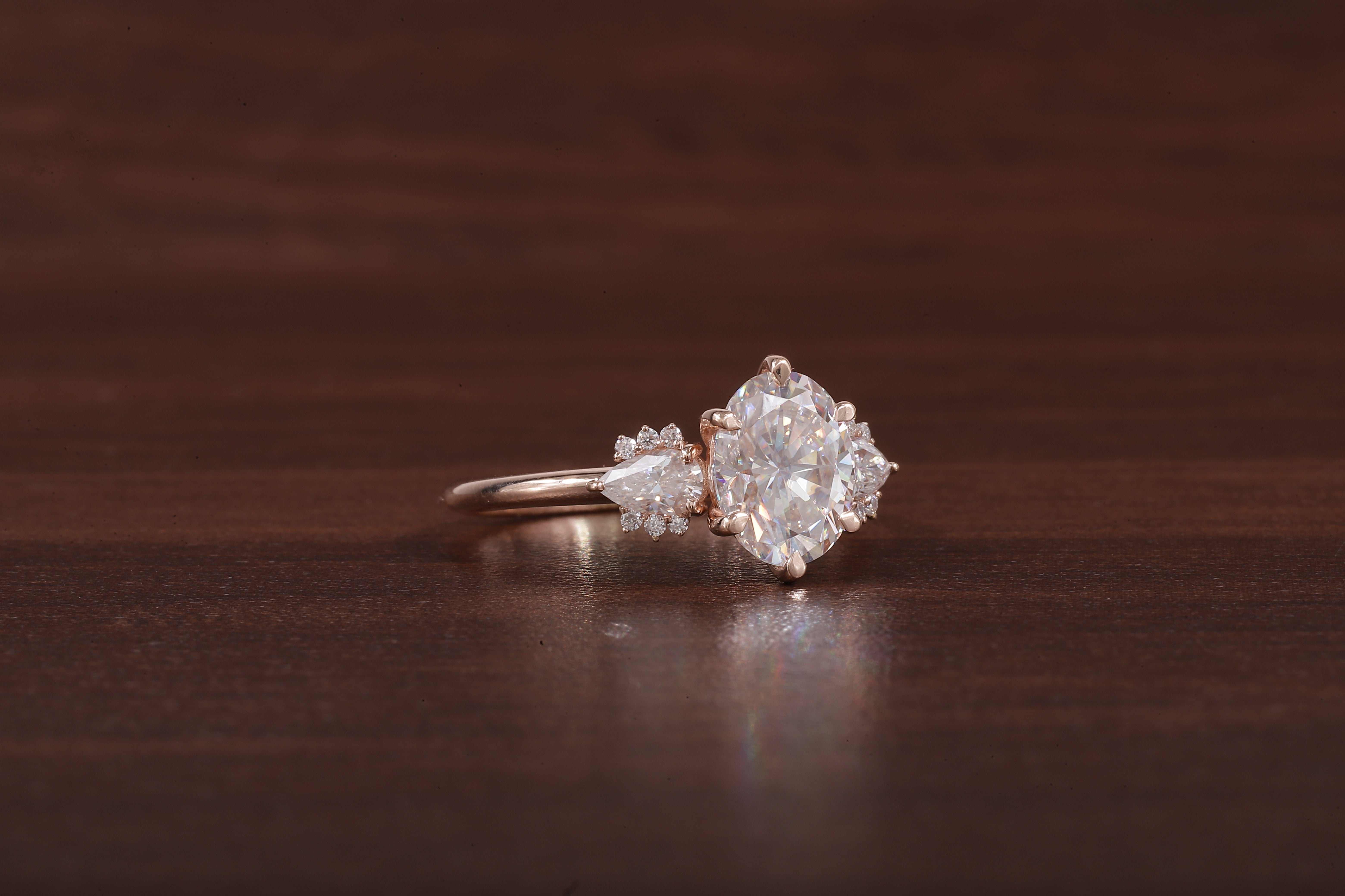 2ct Oval Cut Moissanite Engagement Ring, Oval Moissanite with side Pear Ring