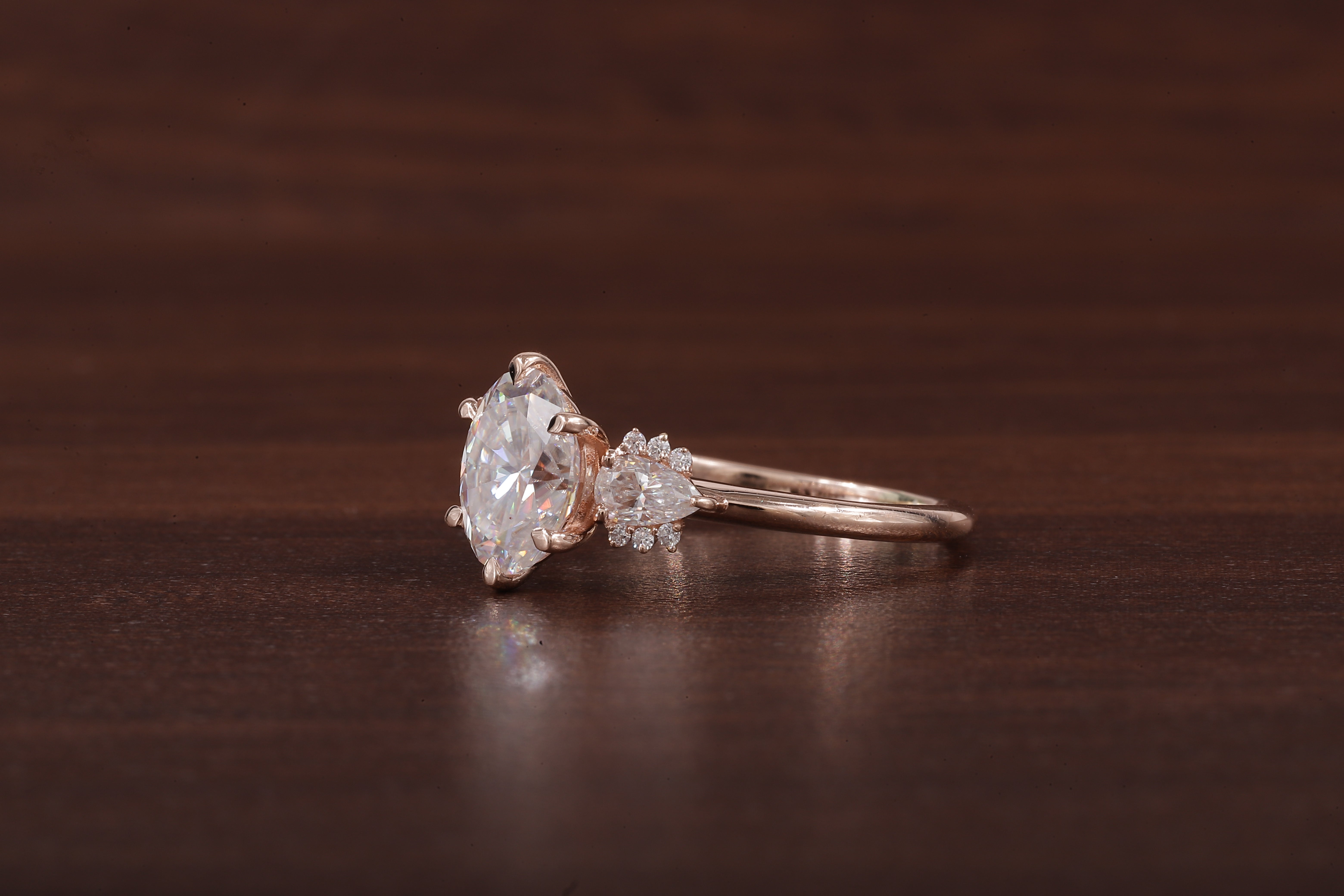 2ct Oval Cut Moissanite Engagement Ring, Oval Moissanite with side Pear Ring