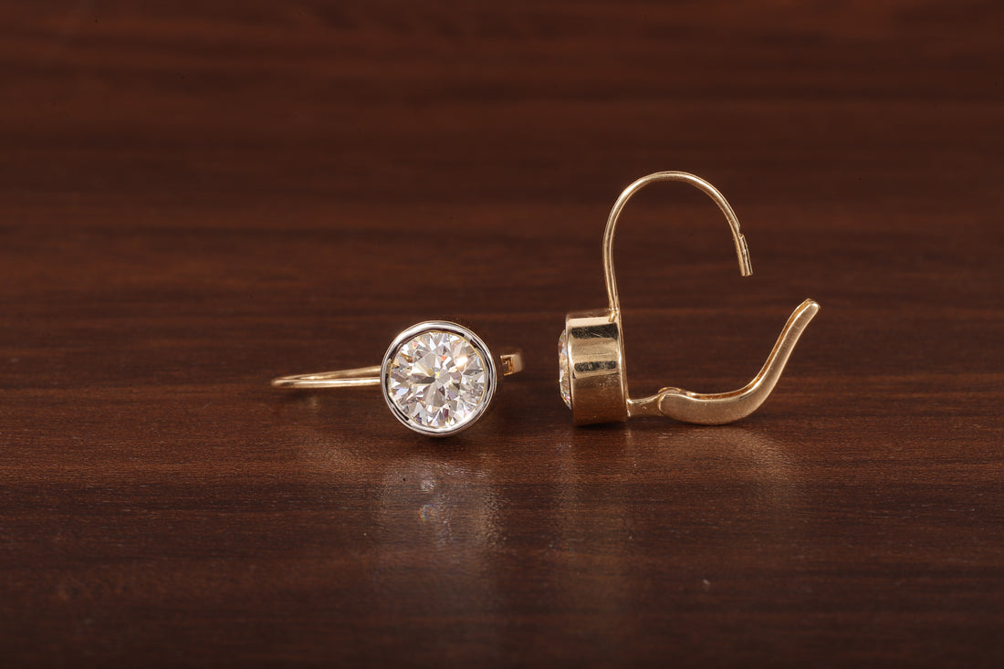 1.5CT Round Moissanite Bezel Set Dangling Earrings in 14K Yellow Gold
