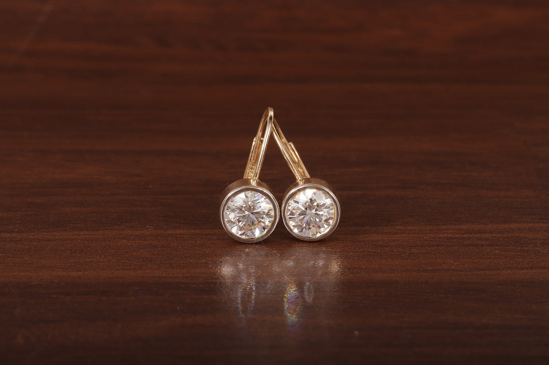 1.5CT Round Moissanite Bezel Set Dangling Earrings in 14K Yellow Gold
