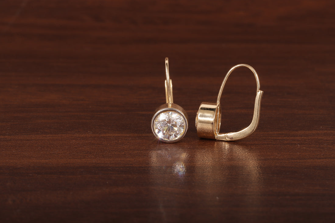 1.5CT Round Moissanite Bezel Set Dangling Earrings in 14K Yellow Gold