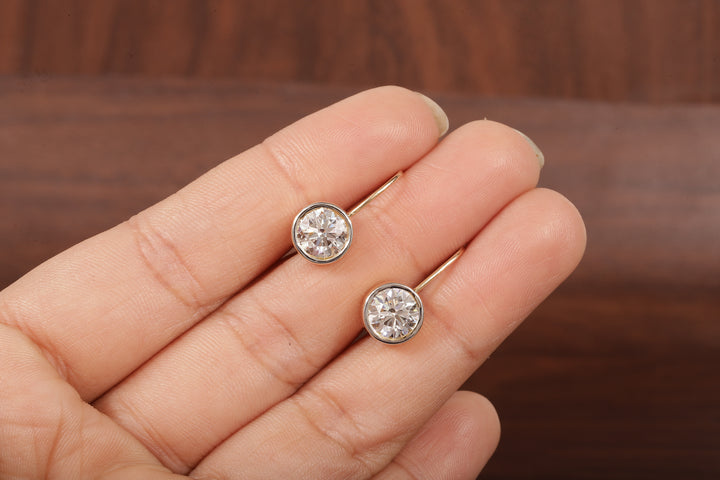1.5CT Round Moissanite Bezel Set Dangling Earrings in 14K Yellow Gold