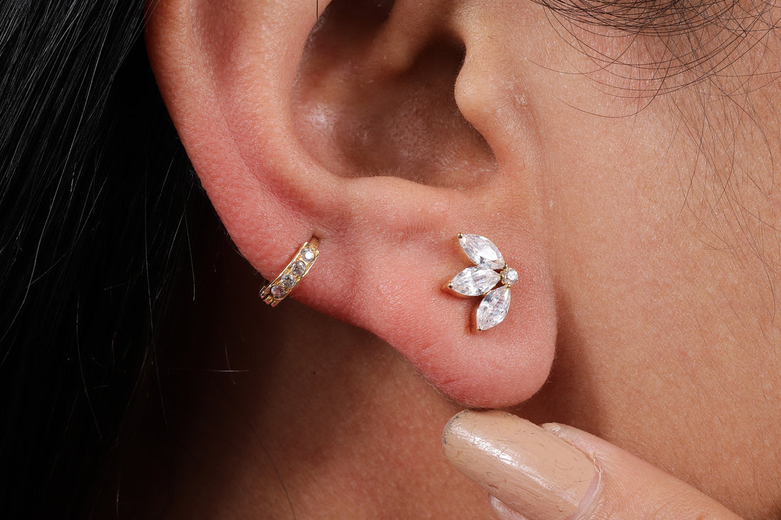 Solid Gold Marquise Moissanite Lotus Cartilage Earrings
