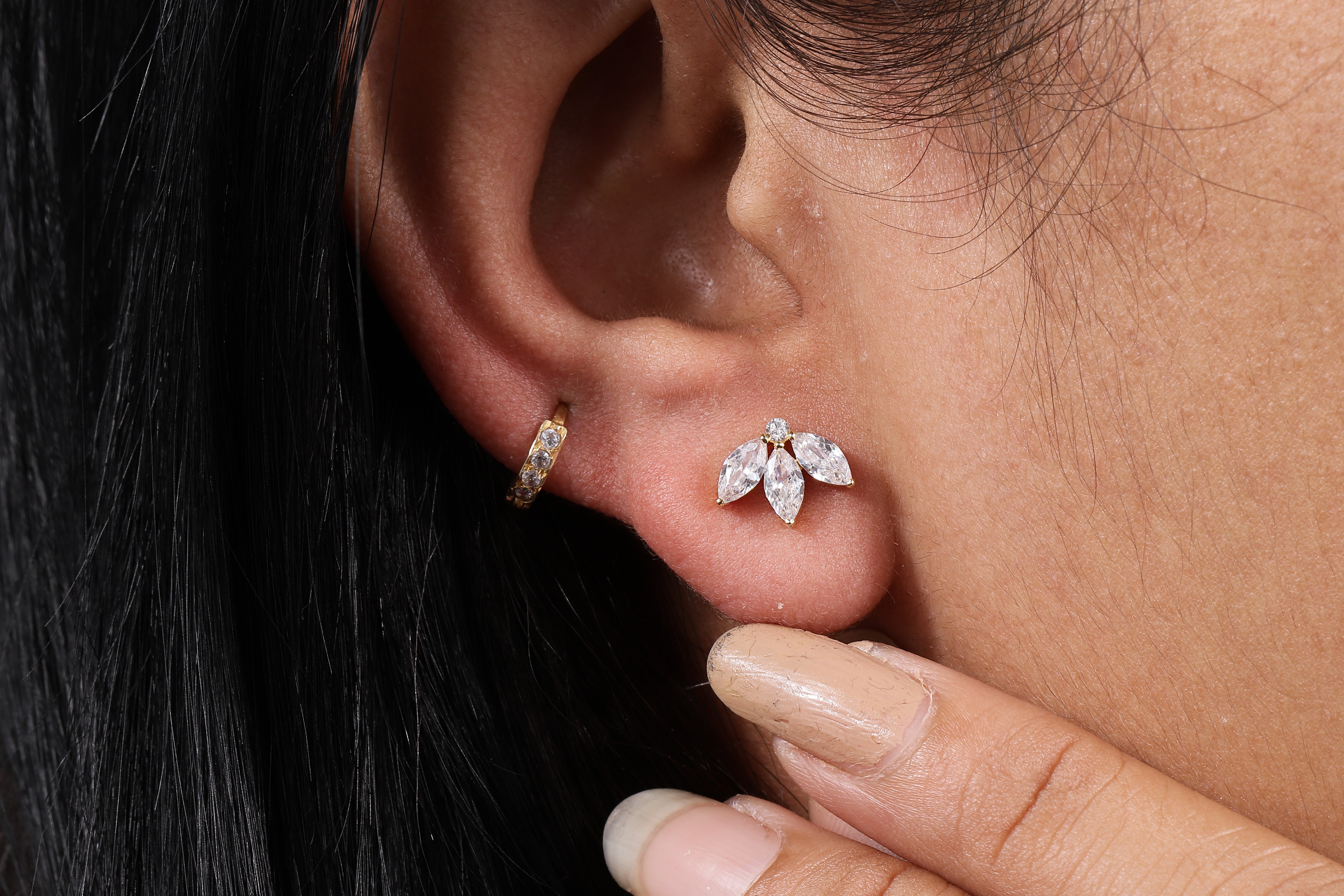 Solid Gold Marquise Moissanite Lotus Cartilage Earrings